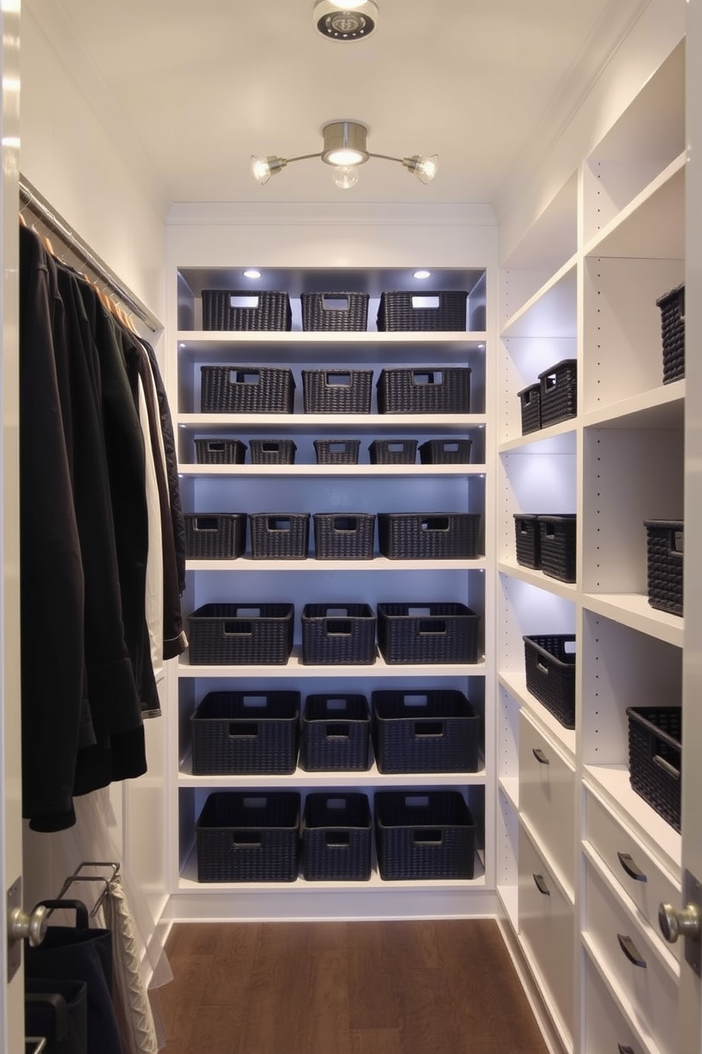 A stylish walk-in closet featuring functional storage solutions. The space is organized with black baskets neatly arranged on open shelving, creating a sleek and modern aesthetic. The walls are painted in a soft neutral tone to enhance the overall brightness of the room. Elegant lighting fixtures illuminate the area, highlighting the contrast between the dark baskets and the light surroundings.