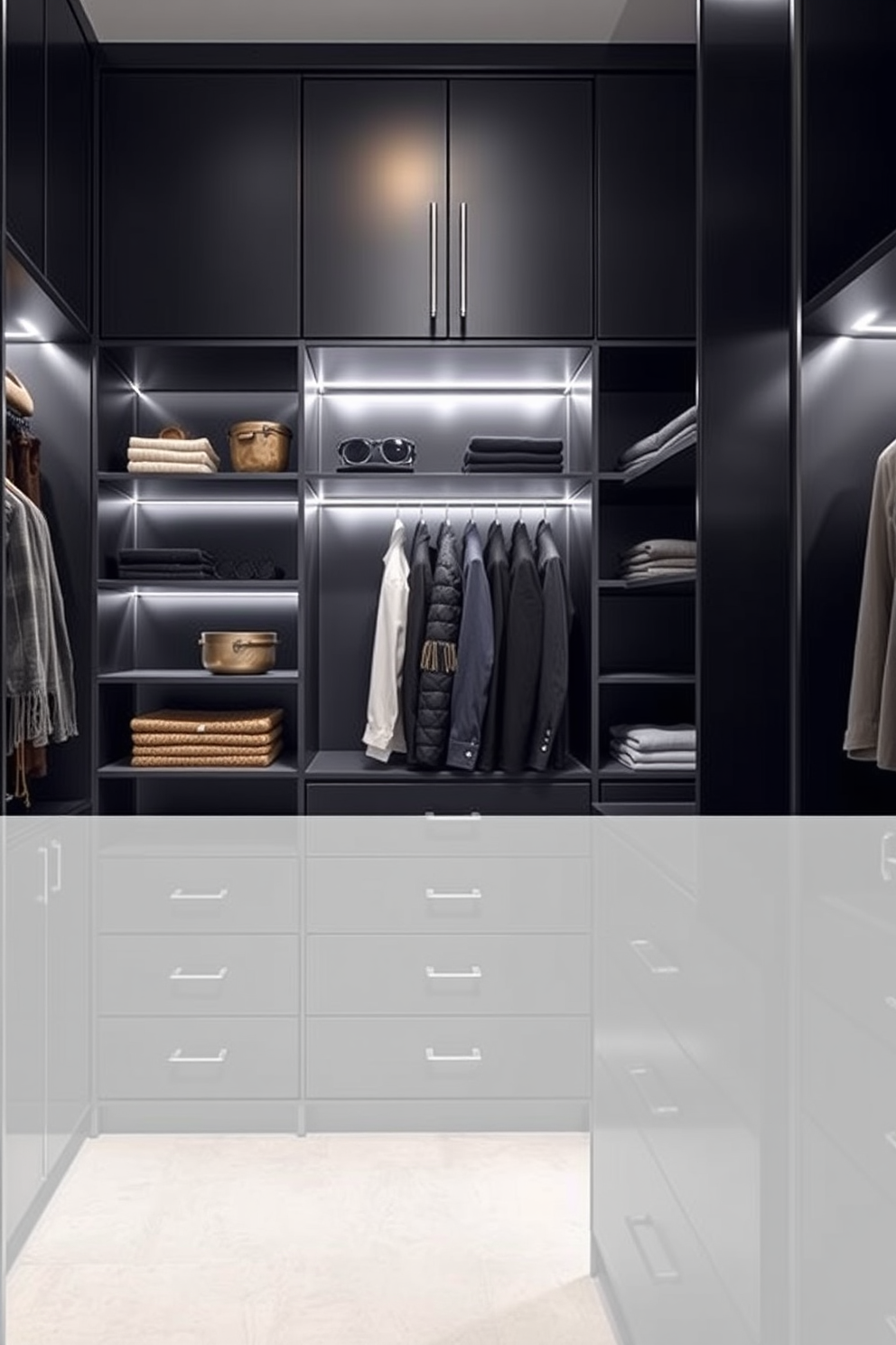 Customizable shelving for versatile organization. The shelving units feature adjustable heights and modular components to accommodate various items, with a sleek finish that complements the overall decor. Black walk-in-closet design ideas. The closet showcases floor-to-ceiling black cabinetry with soft-close drawers and integrated lighting, creating a sophisticated yet functional space for clothing and accessories.