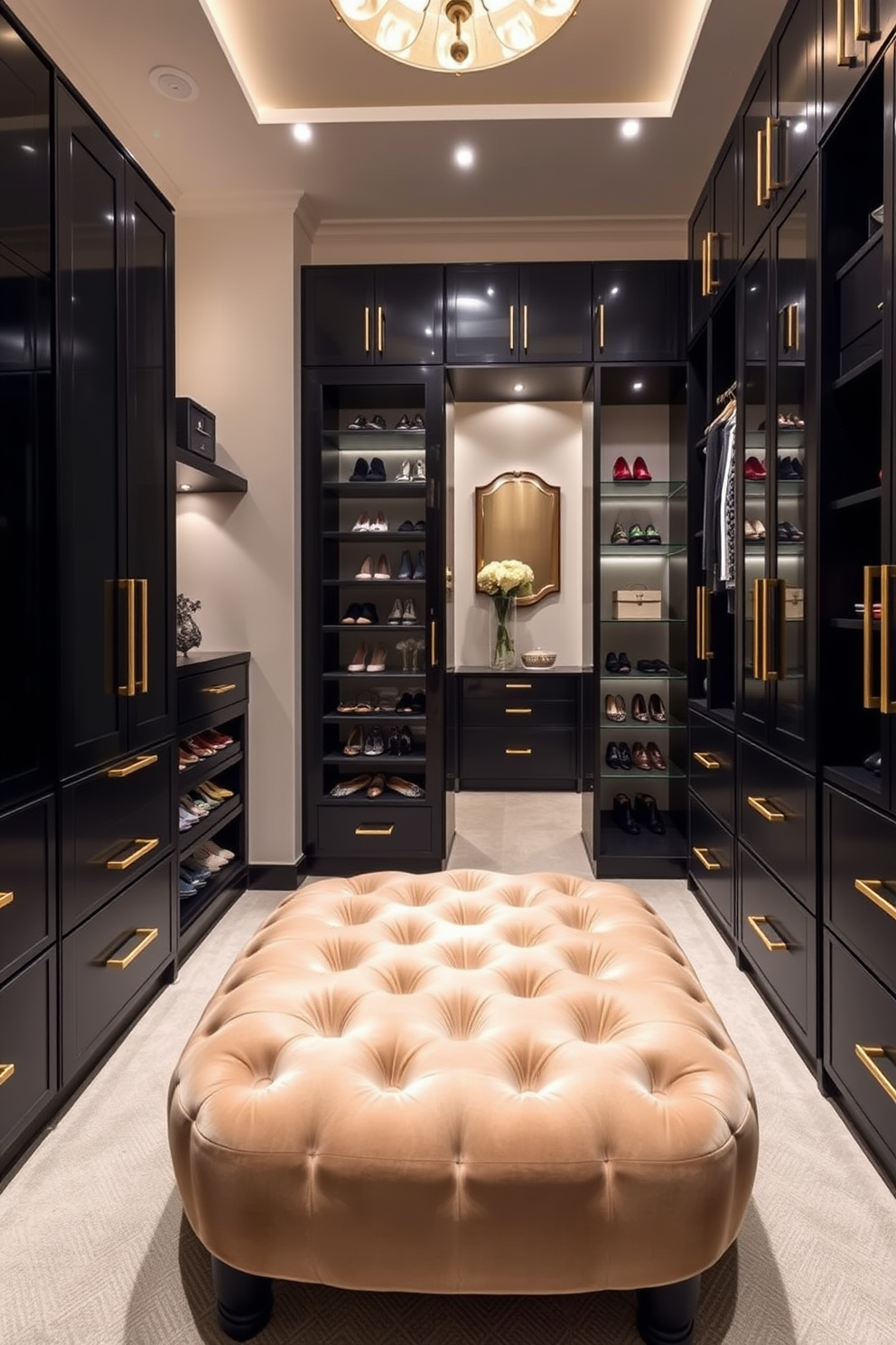 A luxurious walk-in closet featuring bold black and gold hardware accents. The space is designed with sleek black cabinetry and gold handles, creating a striking contrast against the soft, neutral walls. In the center, a plush ottoman upholstered in velvet provides a comfortable seating area. Ambient lighting highlights the organized shoe display and elegant accessories, making the closet both functional and stylish.