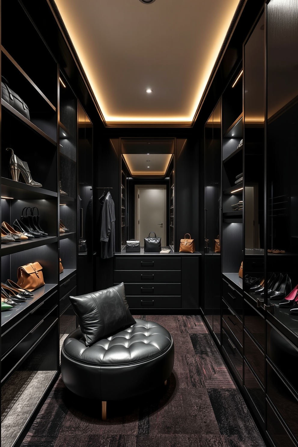 A luxurious walk-in closet designed with layered textures featuring black leather finishes. The space includes custom shelving and a plush seating area, creating an elegant and functional environment. Soft ambient lighting highlights the rich materials, while a large mirror enhances the sense of openness. Accessories are neatly organized, showcasing a curated collection of shoes and handbags against the sleek black backdrop.