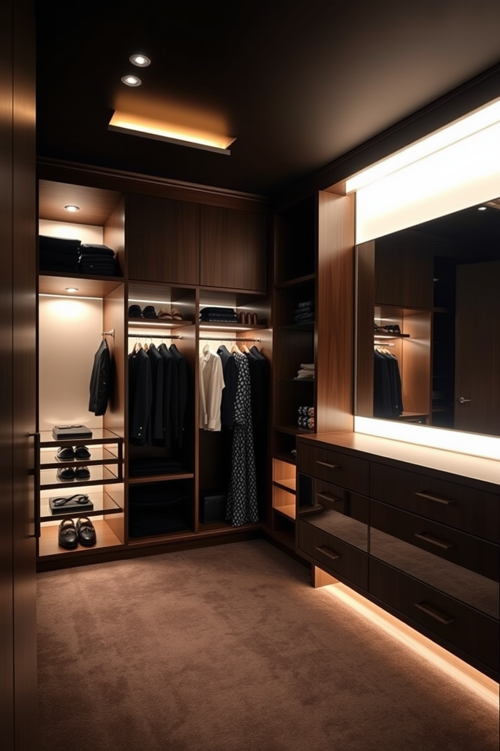 A luxurious walk-in closet featuring mood lighting that creates a dramatic effect. The walls are lined with dark wood cabinetry, and soft LED lights illuminate the space, highlighting the elegant clothing and accessories on display. The flooring is a plush carpet in a deep hue, adding warmth to the sophisticated atmosphere. An oversized mirror reflects the ambient light, enhancing the sense of space and style in this high-end design.