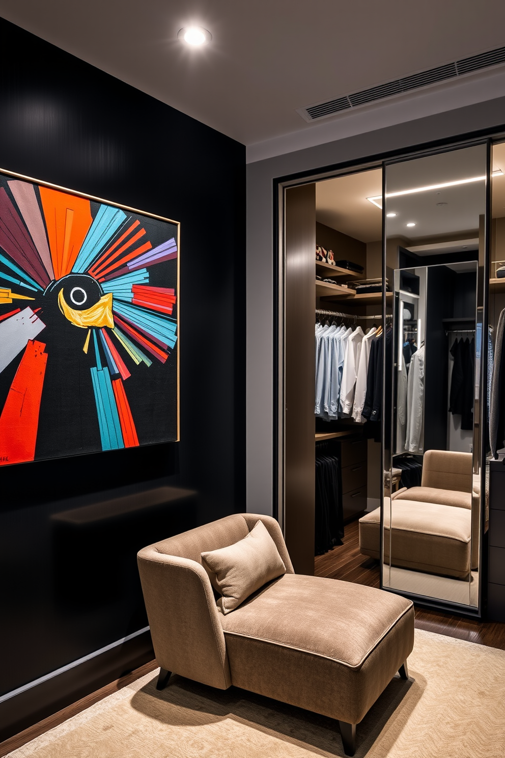 A striking statement art piece is displayed against a sleek black backdrop, drawing attention with its vibrant colors and bold shapes. The lighting is soft yet focused, enhancing the artwork's details and creating a dramatic atmosphere in the room. The walk-in closet features custom shelving and elegant hanging space, designed with a modern aesthetic in mind. Soft lighting illuminates the space, highlighting a plush seating area and a full-length mirror for a luxurious touch.