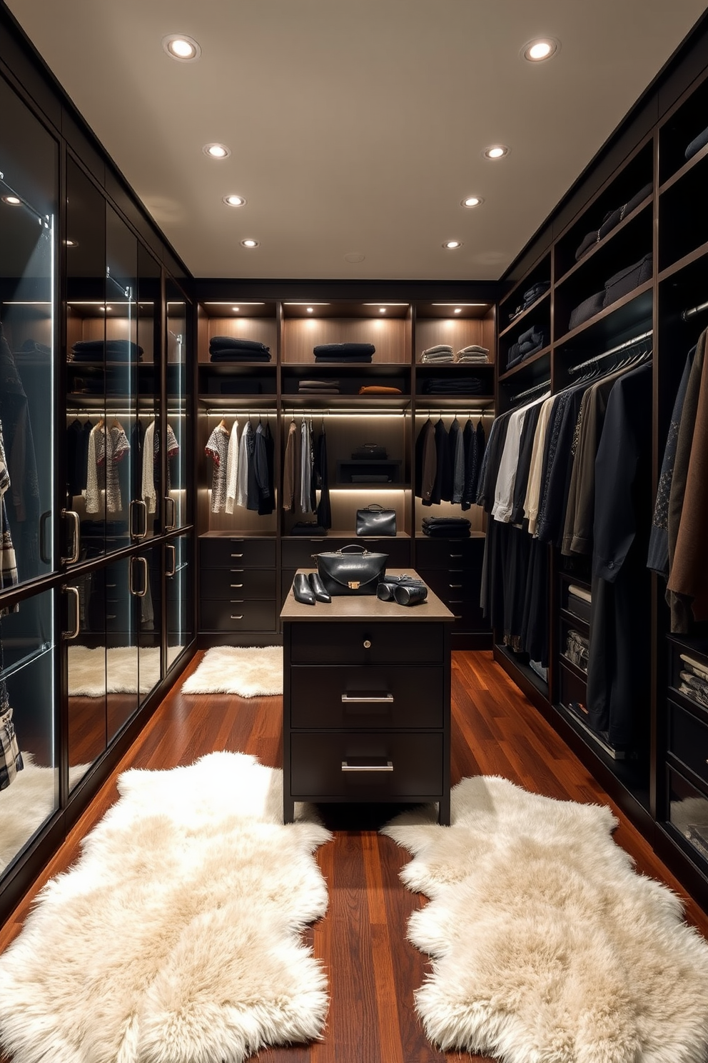 A luxurious walk-in closet featuring classic black and chrome clothing rods elegantly arranged along the walls. The space is illuminated by soft recessed lighting, highlighting the rich textures of the clothing and accessories displayed. The flooring is a polished dark wood, creating a warm contrast with the sleek black and chrome elements. Plush area rugs add comfort underfoot, while a central island with drawers provides additional storage and display space for shoes and handbags.