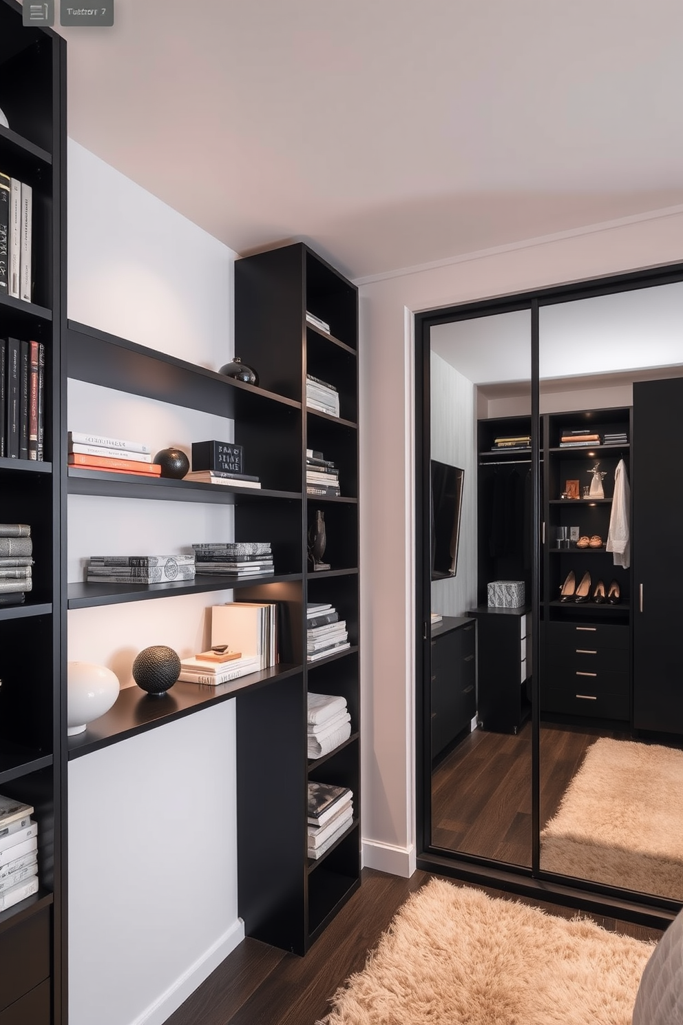 A minimalist black shelving unit lines the wall, showcasing a curated selection of books and decorative objects. Soft, warm lighting is strategically placed to highlight the items on display, creating an inviting atmosphere. The walk-in closet features sleek black cabinetry with ample storage space, designed for both style and functionality. A plush area rug adds comfort underfoot, while a full-length mirror enhances the feeling of openness in the space.