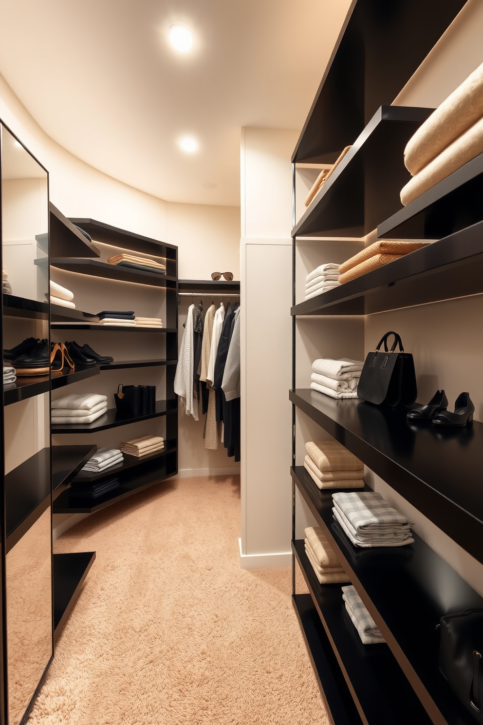 A modern walk-in closet featuring sleek black floating shelves that create a clean and organized appearance. The shelves are arranged symmetrically, showcasing neatly folded clothes and stylish accessories against a backdrop of soft lighting. The closet includes a full-length mirror mounted on one wall, enhancing the sense of space and functionality. Plush carpeting in a neutral tone adds warmth to the overall design, making it a comfortable and inviting area for dressing.