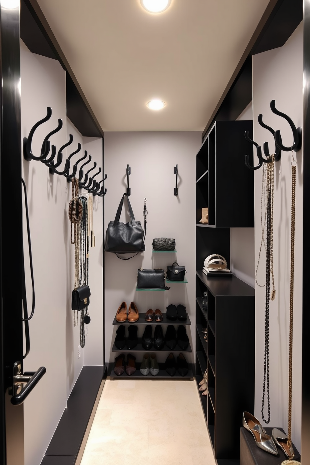 A stylish black walk-in closet features sleek black hooks arranged neatly on the walls for displaying accessories. The space is illuminated by soft lighting, creating an inviting atmosphere for organizing shoes, bags, and jewelry.