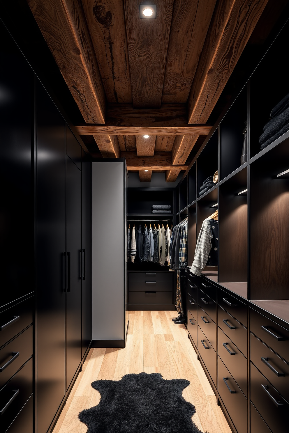 A luxurious walk-in closet featuring rustic wooden beams that add warmth and character to the space. The sleek black elements, including cabinetry and hanging rods, create a striking contrast against the natural wood, enhancing the modern aesthetic.