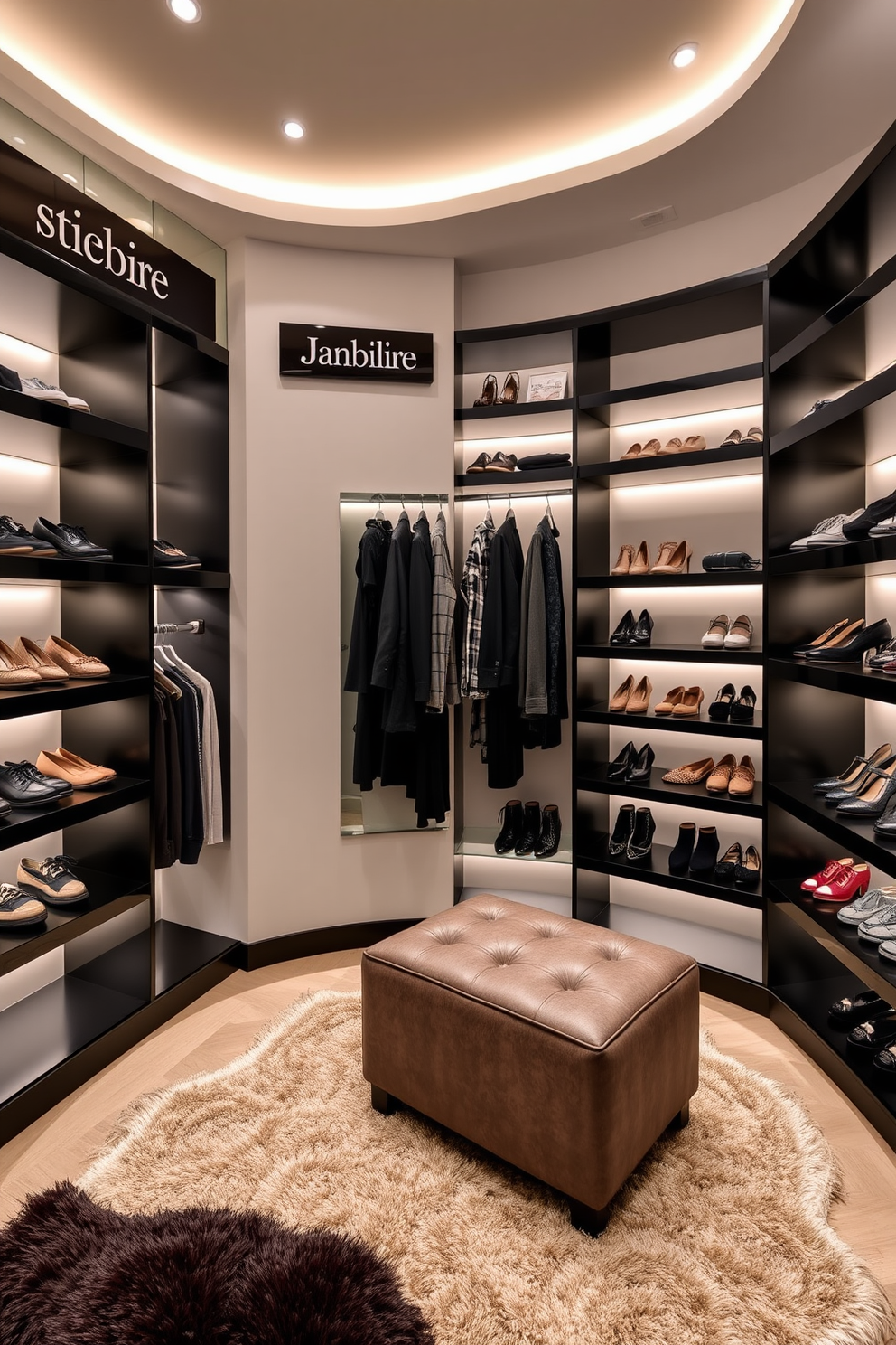 Personalized name signs in sleek black are elegantly displayed on the walls of a modern walk-in closet. The signs feature minimalist typography and are complemented by sleek black shelving that showcases an organized array of shoes and accessories. The walk-in closet design includes soft ambient lighting that highlights the luxurious finishes. A plush area rug adds warmth to the space, while a stylish ottoman provides a comfortable seating area for dressing.