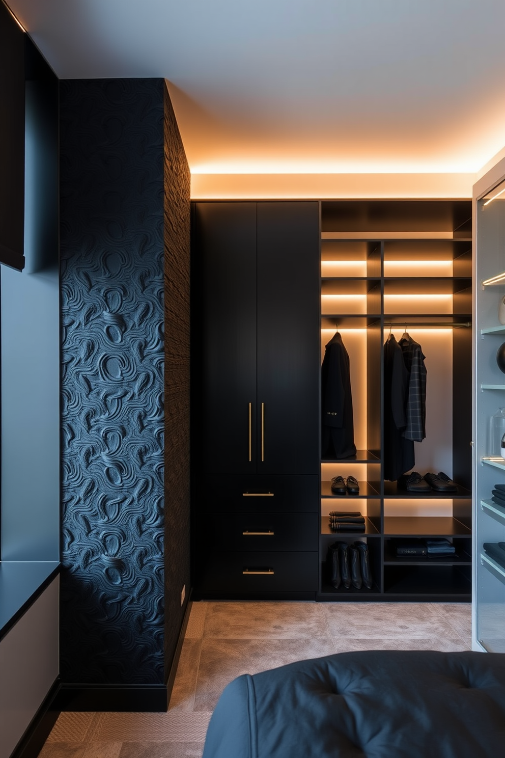 A bold accent wall features textured black panels that create a dramatic focal point in the room. The lighting is strategically placed to highlight the unique texture and add depth to the design. The walk-in closet is designed with sleek, modern shelving that maximizes storage while maintaining an elegant aesthetic. Soft, ambient lighting illuminates the space, enhancing the luxurious feel of the black and gold accents throughout.