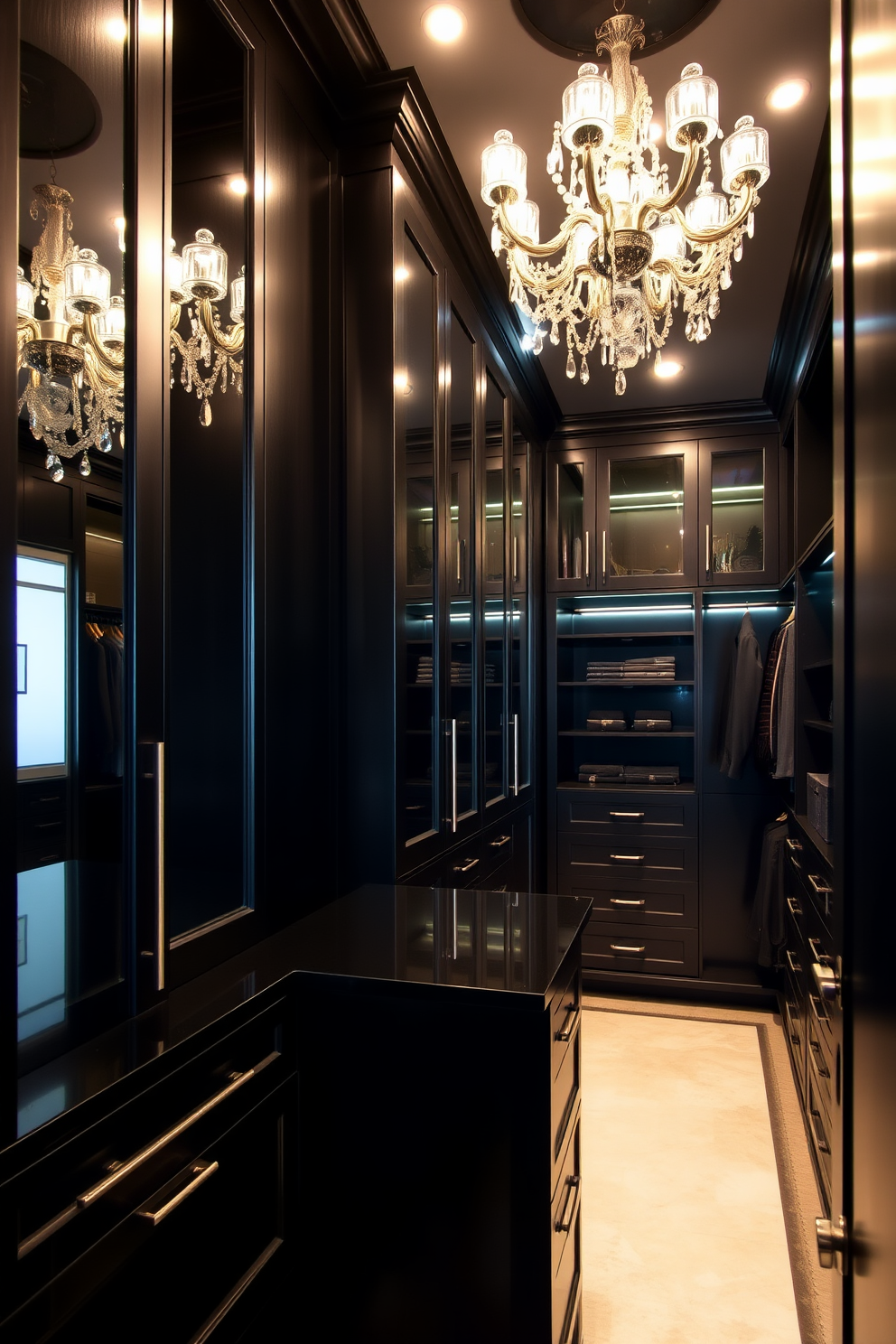 A stunning black walk-in closet featuring sleek cabinetry and ample storage space. The design includes an elegant chandelier hanging from the ceiling, adding a touch of glam to the sophisticated atmosphere.