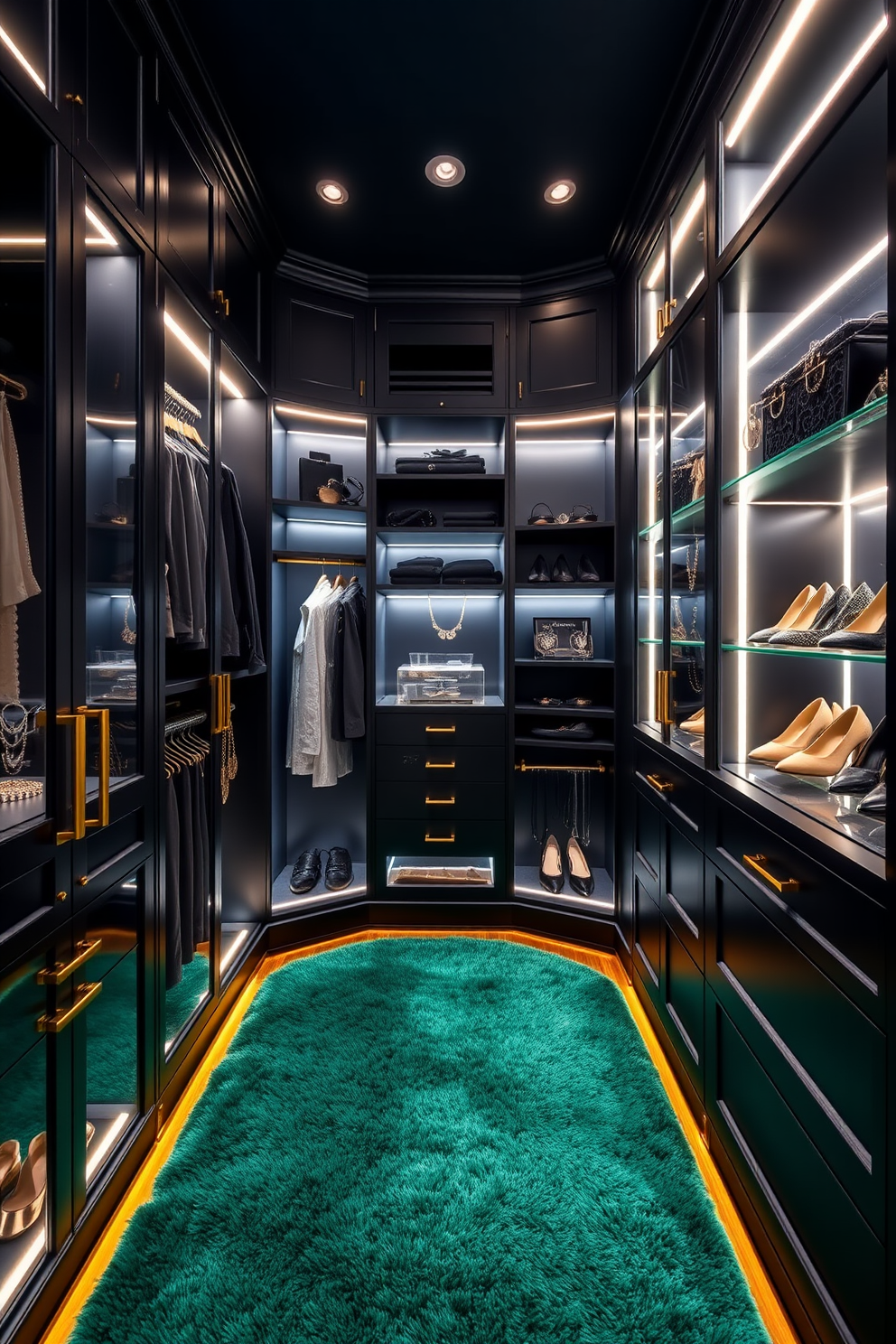 A luxurious walk-in closet featuring a dark color palette with deep navy blue walls and rich black cabinetry. Bright accents come from gold hardware and illuminated LED strip lighting that highlights the shelves and hanging spaces. The closet has a plush area rug in a vibrant emerald green, adding a pop of color underfoot. Elegant jewelry displays and shoe racks are strategically placed to create a visually stunning and organized space.