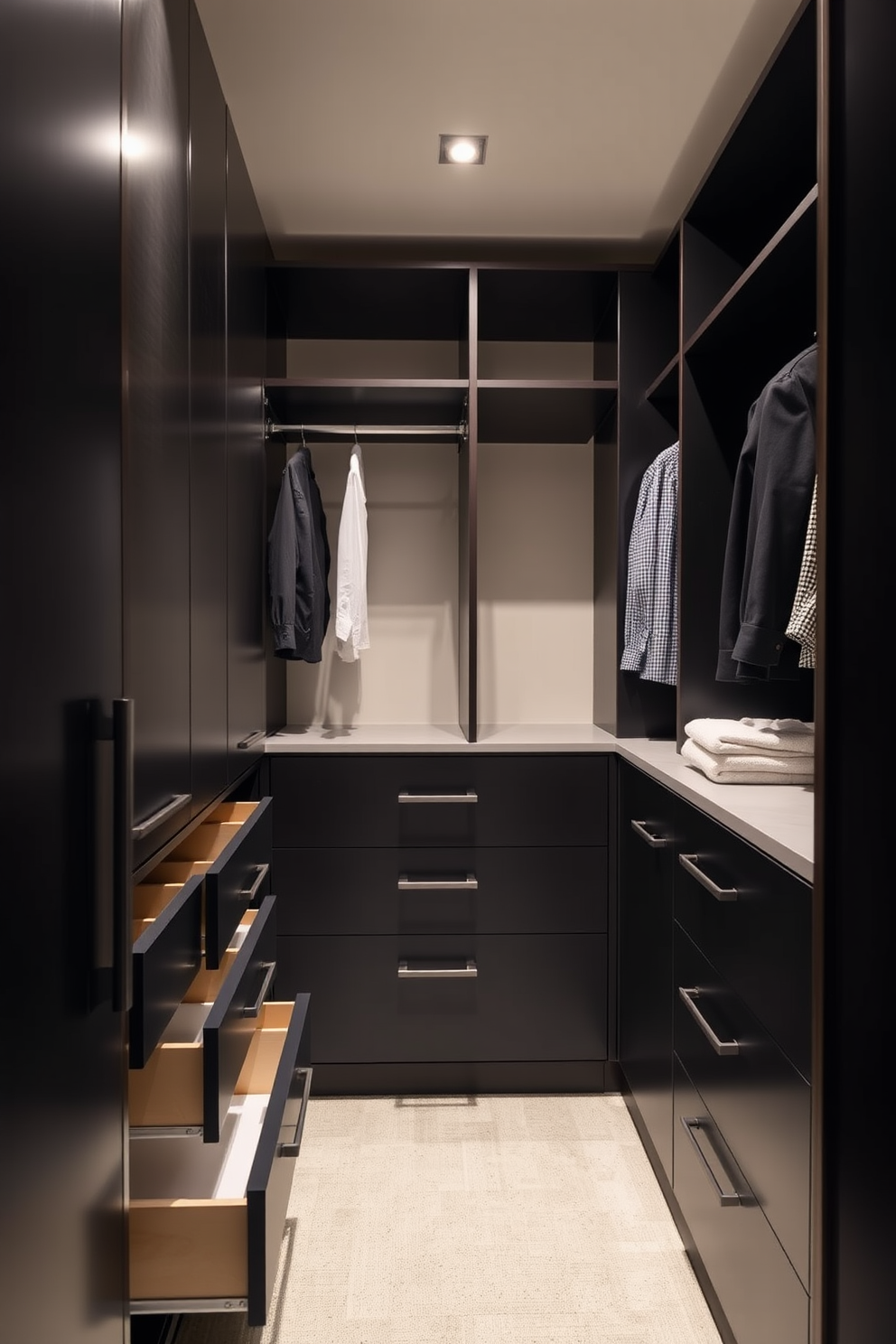 A modern walk-in closet featuring functional pull-out drawers in a sleek black finish. The space is illuminated by soft recessed lighting that highlights the organized shelving and hanging areas.