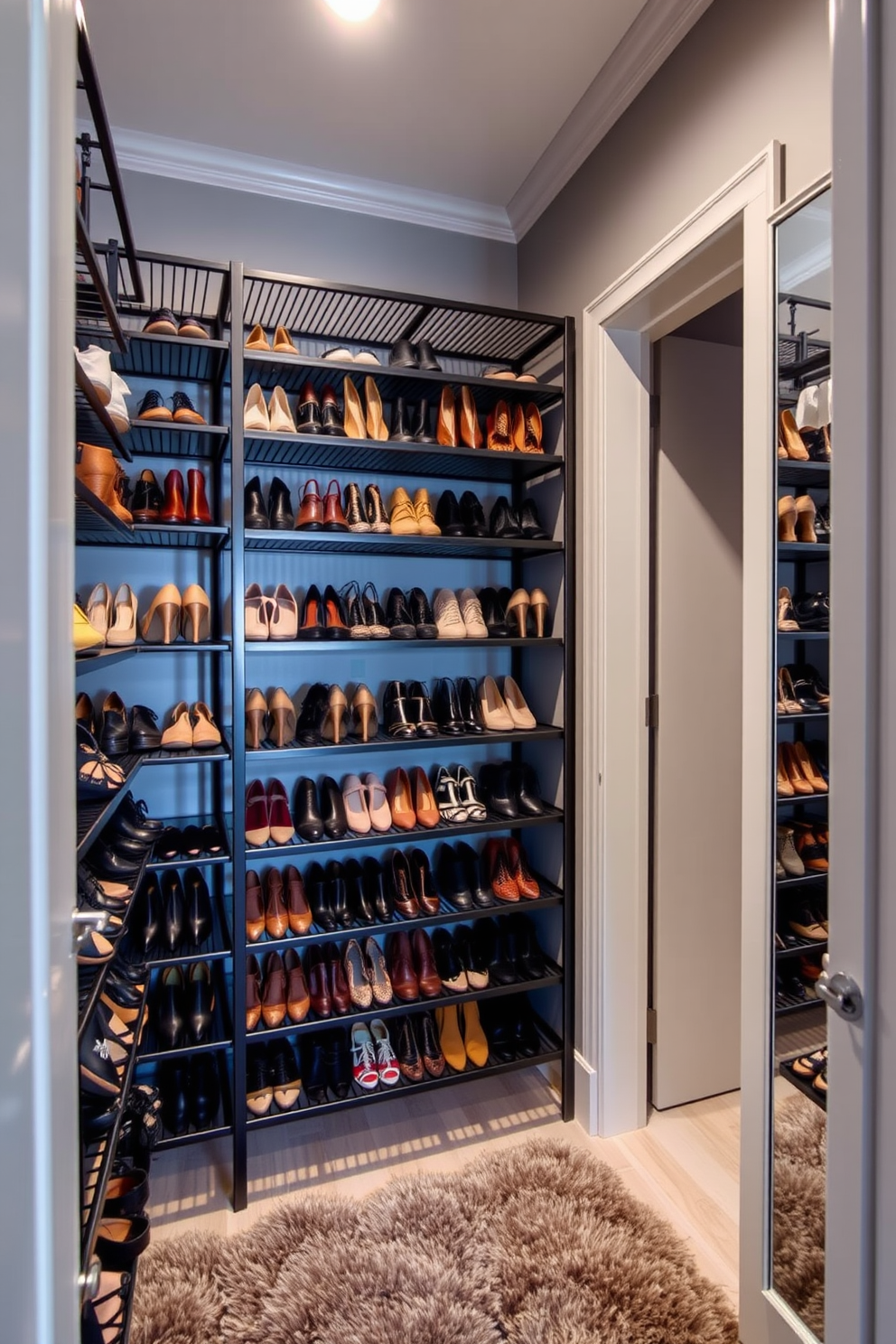 A stylish walk-in closet featuring sleek black racks displaying an artistic arrangement of shoes. The walls are painted in a soft gray, and a plush area rug adds warmth to the space.