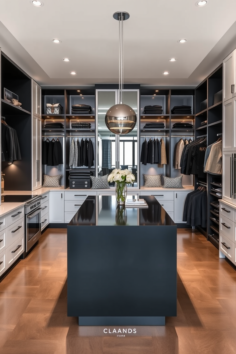 Open layout with black island centerpiece. The kitchen features a spacious design with a large black island that serves as the focal point, surrounded by sleek white cabinetry and modern appliances. Black walk-in-closet design ideas. The closet is elegantly organized with custom shelving, hanging space, and a plush seating area, all highlighted by soft lighting and mirrored accents.