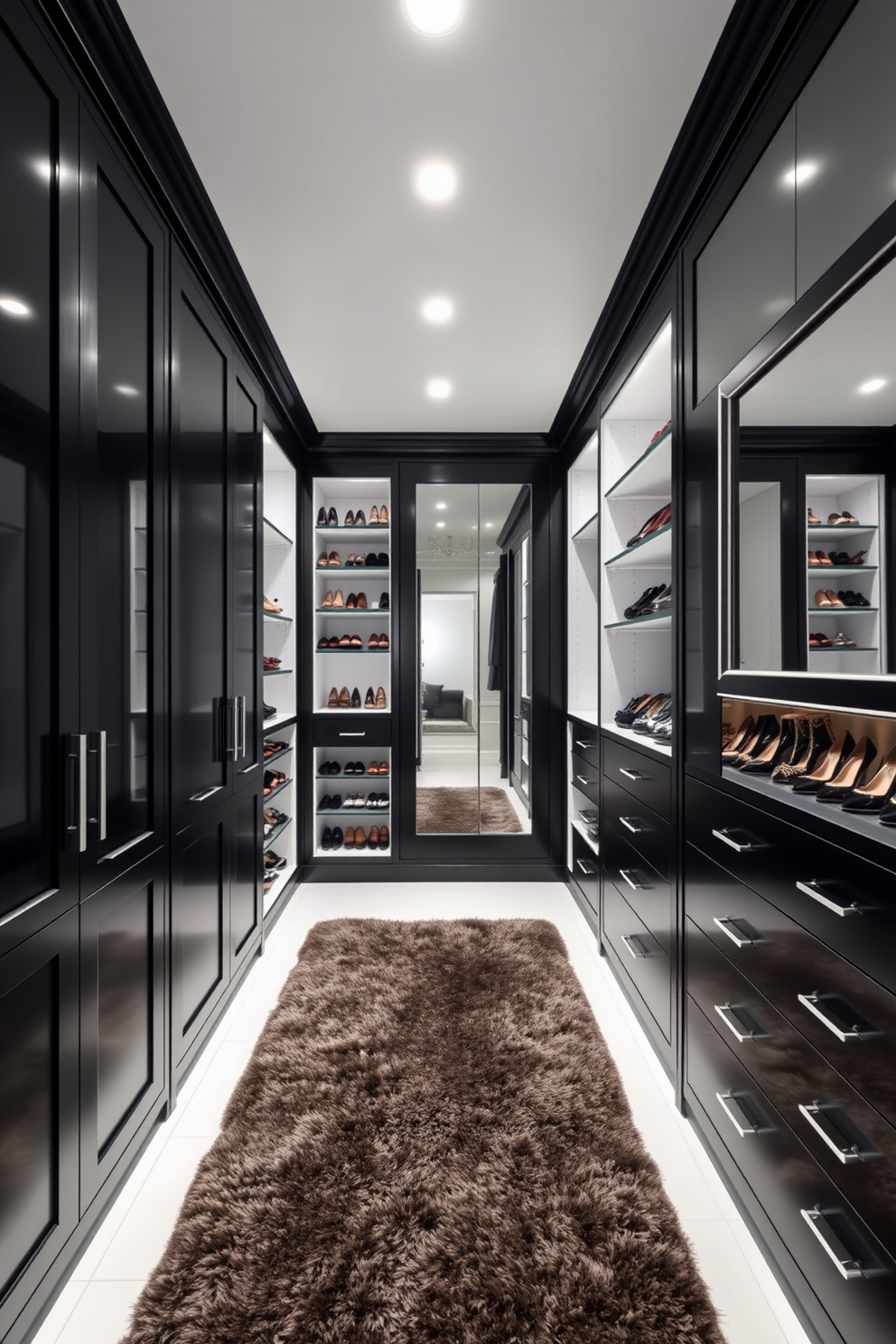 A luxurious walk-in closet featuring sleek black cabinetry and polished chrome hardware. The space is illuminated by recessed lighting that highlights the contrast between the white walls and the bold black trim. The closet is organized with custom shelving for shoes and accessories, complemented by a plush area rug in the center. A stylish full-length mirror is mounted on one wall, reflecting the elegant design of this sophisticated storage space.