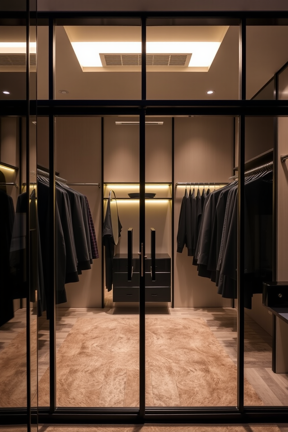 A luxurious walk-in closet featuring glass doors that elegantly showcase an array of stylish black clothing racks. The space is adorned with soft lighting that highlights the sleek design and creates an inviting atmosphere for organizing and displaying fashion items.