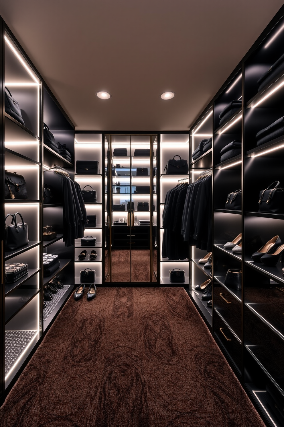 A luxurious walk-in closet with built-in lighting that elegantly highlights black accessories. The walls are lined with sleek black cabinetry and a plush carpet underfoot adds warmth to the space. Soft LED lights illuminate the shelves, showcasing designer handbags and shoes. A stylish full-length mirror is positioned to reflect the sophisticated ambiance of the closet.