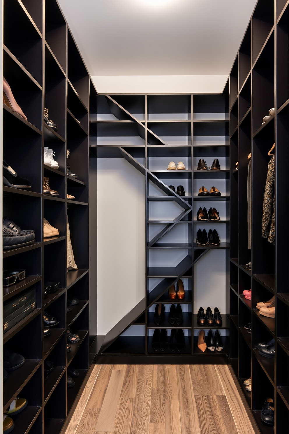 A modern walk-in closet featuring geometric shelving in matte black. The shelving is arranged in a striking pattern, providing ample space for shoes and accessories while maintaining an organized aesthetic.