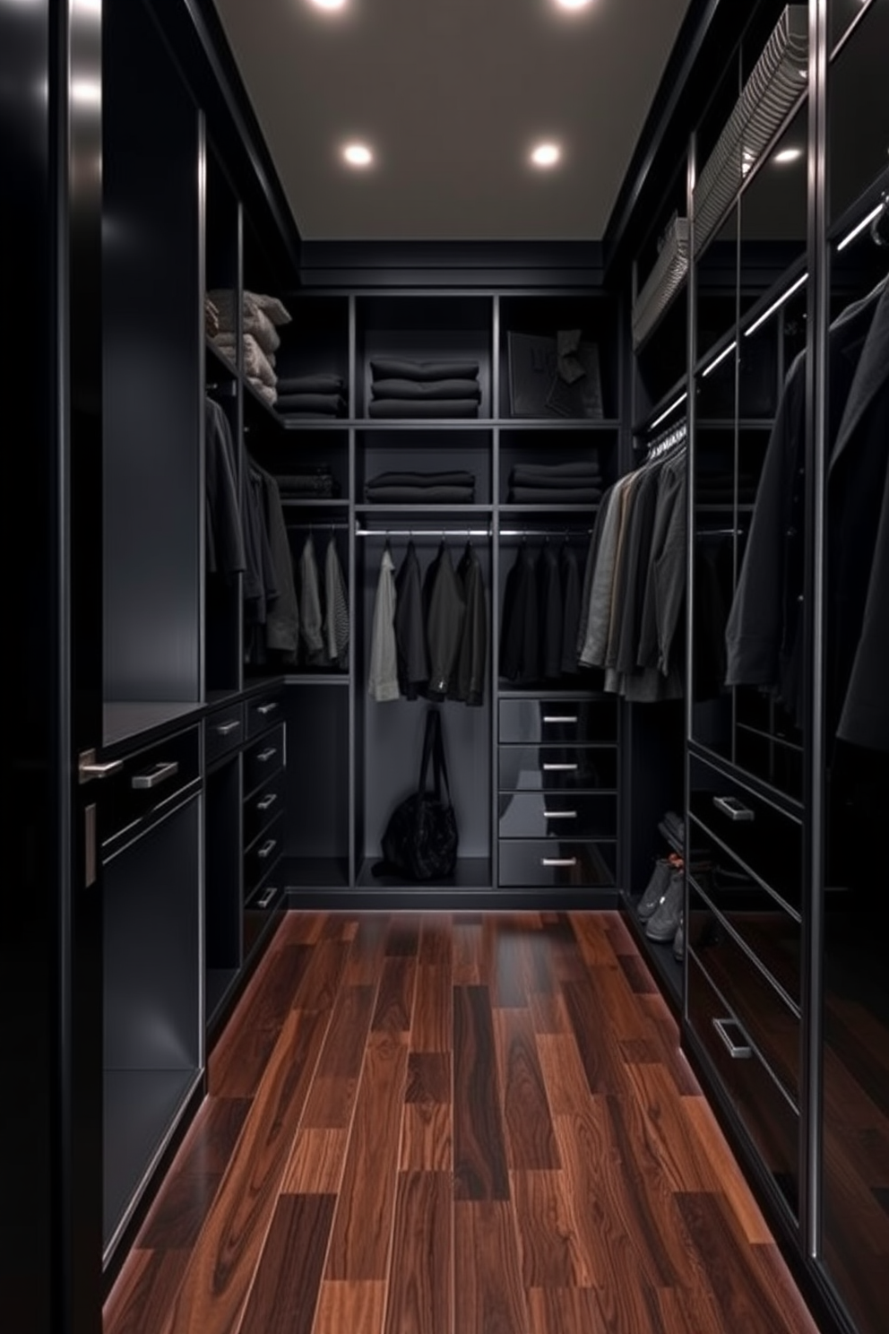 A luxurious walk-in closet featuring dark wood floors that enhance the sleek black decor. The space is organized with custom shelving and hanging rods, creating an elegant yet functional storage solution.