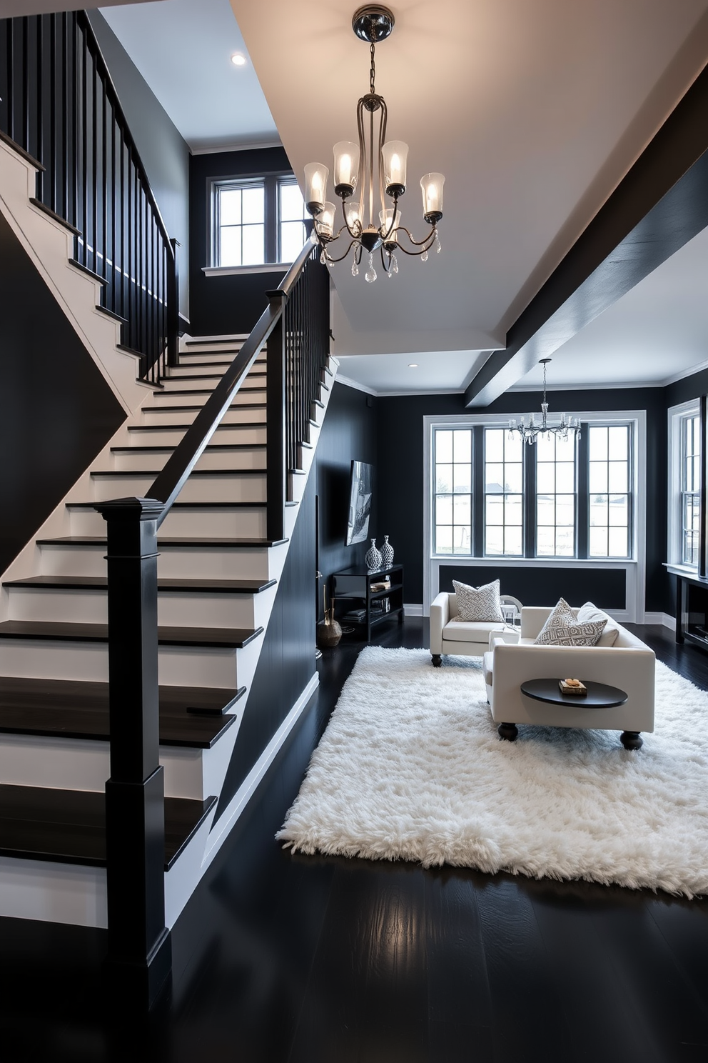 A striking black and white staircase features a sleek black railing and white risers that create a bold visual impact. The staircase is illuminated by a modern chandelier, enhancing the contrast between the dark and light elements. The basement design embraces a monochromatic theme with black walls and white furniture for a chic, contemporary look. Large windows provide natural light, while a plush white rug adds warmth to the space, creating an inviting atmosphere.