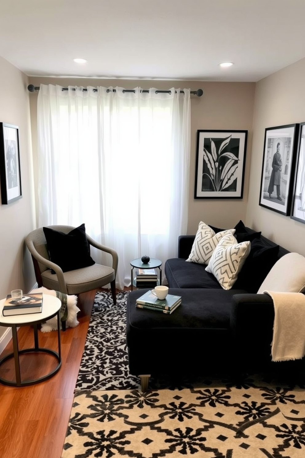 Cozy reading nook with black cushions. A plush armchair is positioned beside a large window, draped with sheer white curtains that allow soft light to filter in. A small side table holds a stack of books and a steaming cup of tea. The walls are painted in a warm beige, and a patterned area rug adds texture to the hardwood floor. Black and white basement design ideas. The space features a sleek sectional sofa with black upholstery, complemented by white accent pillows for contrast. A minimalist coffee table sits in the center, surrounded by stylish decor elements. The walls are adorned with black and white artwork, creating a modern and sophisticated atmosphere.