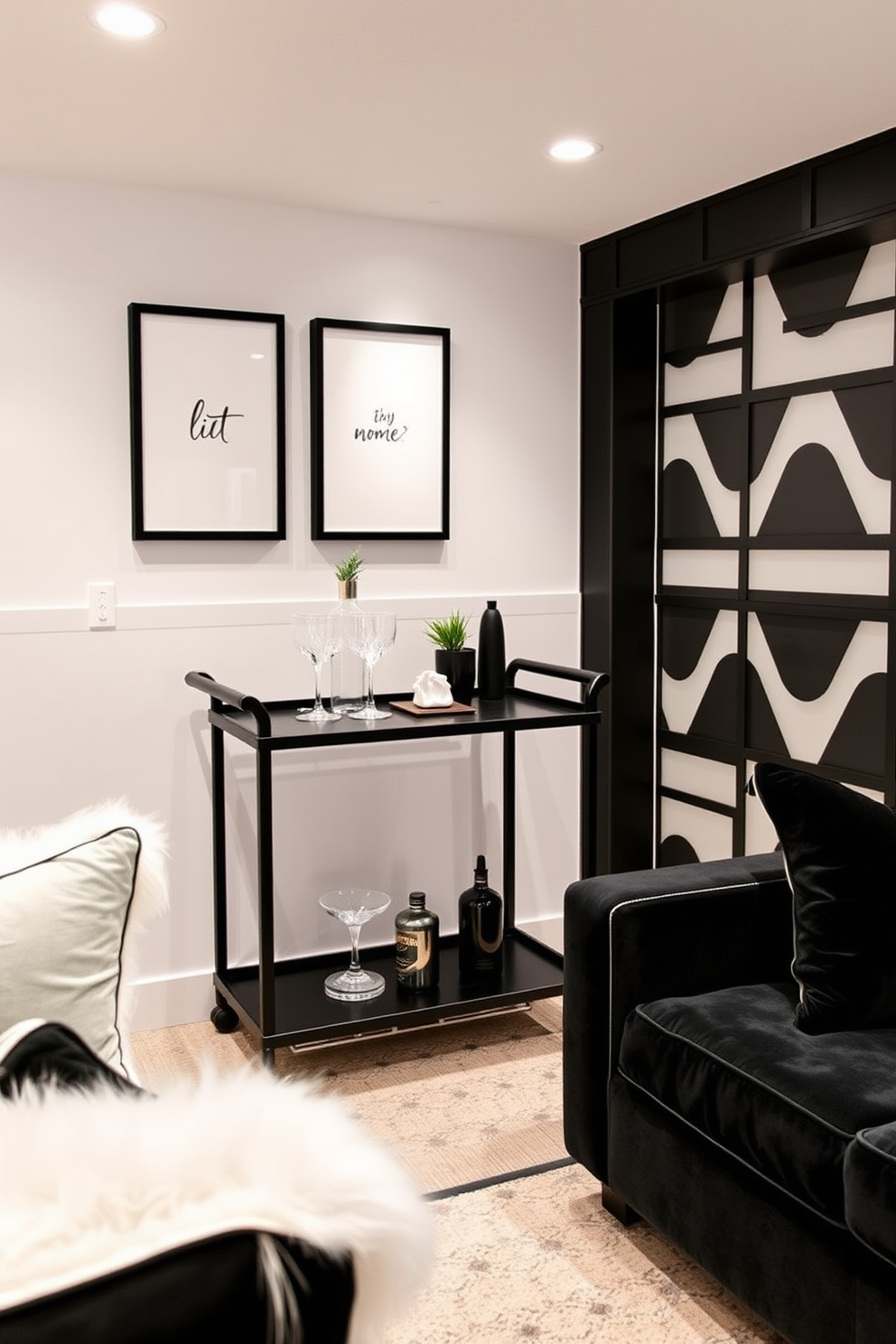 A stylish black bar cart is elegantly set up against a wall adorned with minimalist white decor. The cart features sleek lines and is adorned with glassware and a small plant, creating a chic focal point in the room. The basement design showcases a modern black and white color scheme, with bold geometric patterns on the walls. Plush seating in contrasting colors invites relaxation, while ambient lighting enhances the sophisticated atmosphere.