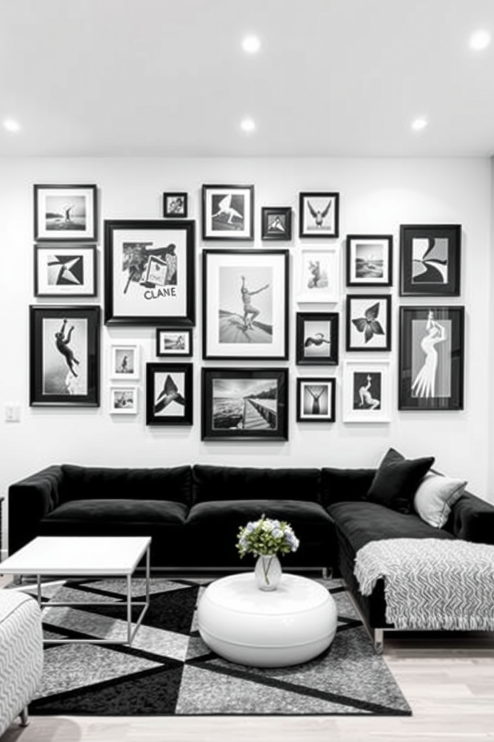 A striking black and white gallery wall display features an array of framed artwork and photographs in various sizes. The frames are arranged in a dynamic layout, creating a bold focal point against a crisp white wall. The black and white basement design combines sleek furnishings with textured elements for a modern aesthetic. A plush black sectional sofa is paired with a white coffee table, while geometric patterns in the area rug add visual interest to the space.