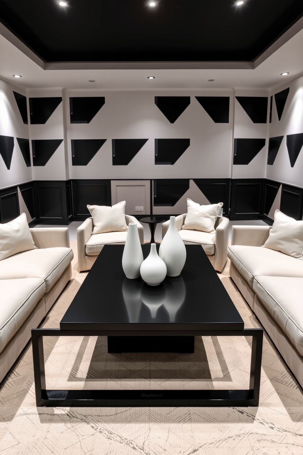 A minimalist black coffee table sits at the center of the room adorned with simple white decor items. The surrounding space features a cozy seating arrangement with neutral tones that complement the sleek design of the table. The basement design embraces a black and white theme, showcasing bold geometric patterns on the walls. Soft lighting enhances the contrast, creating an inviting atmosphere while maintaining a modern aesthetic.