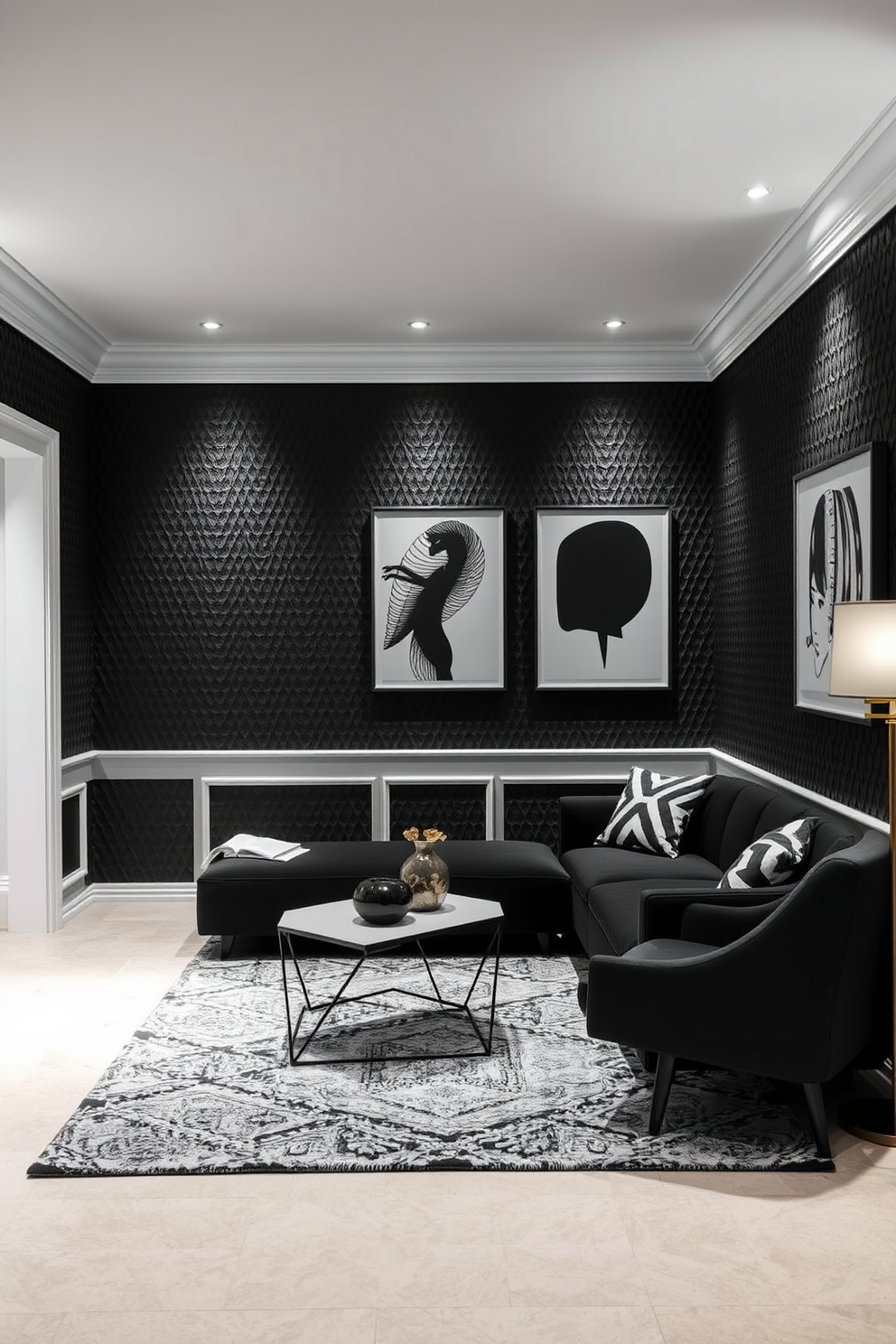 Textured black wall panels create a dramatic backdrop, accented by crisp white trim that enhances the modern aesthetic. The basement features a sleek lounge area with a minimalist black sofa and a geometric coffee table, complemented by a stylish area rug that ties the monochrome theme together. Incorporating bold black and white artwork on the walls adds visual interest, while strategically placed lighting highlights the textures and contrasts in the space. A cozy reading nook with a plush armchair and a floor lamp invites relaxation, making the basement a perfect blend of sophistication and comfort.