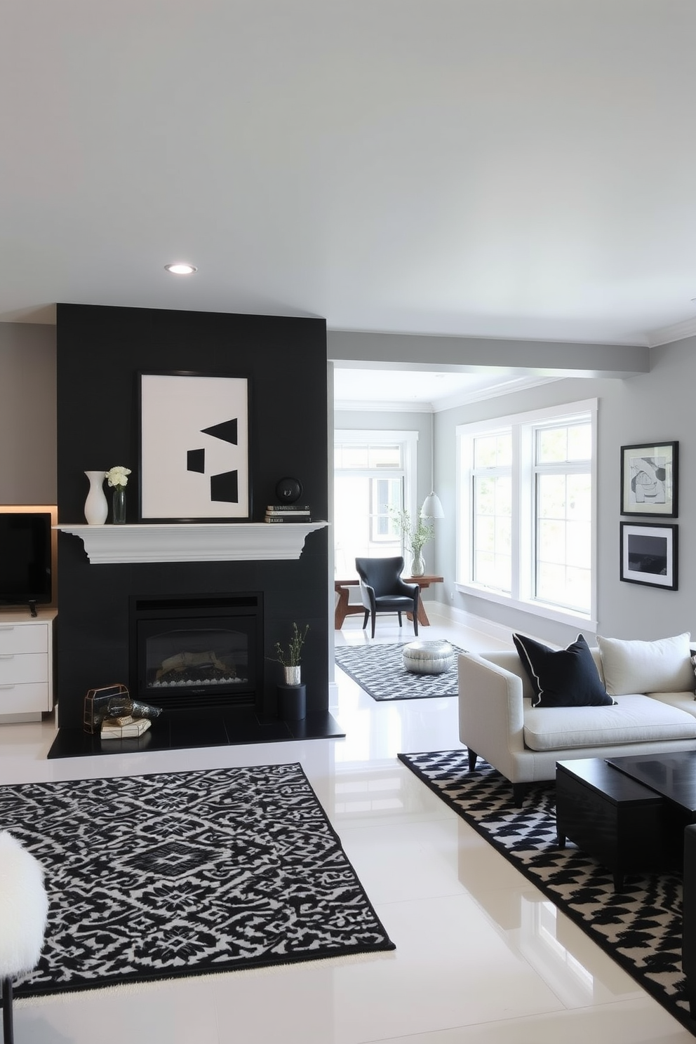 A classic black fireplace serves as the focal point of the room, featuring a sleek white mantel that adds elegance to the space. The surrounding walls are painted in soft gray, creating a cozy atmosphere that complements the fireplace's bold design. The basement is designed in a chic black and white theme, with patterned area rugs contrasting against polished white floors. Large windows allow natural light to flood in, enhancing the modern furnishings and artwork displayed throughout the area.