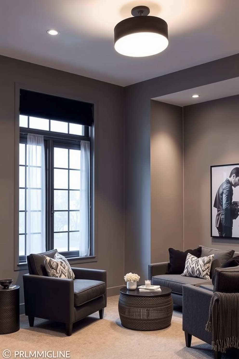 A stylish basement featuring black window frames that contrast beautifully with flowing white curtains. The space is designed with a monochromatic palette, incorporating sleek furniture and textured accents for a modern aesthetic. The walls are painted in a soft gray, providing a neutral backdrop for bold black and white artwork. Cozy seating arrangements invite relaxation, while strategically placed lighting enhances the ambiance of this sophisticated basement retreat.