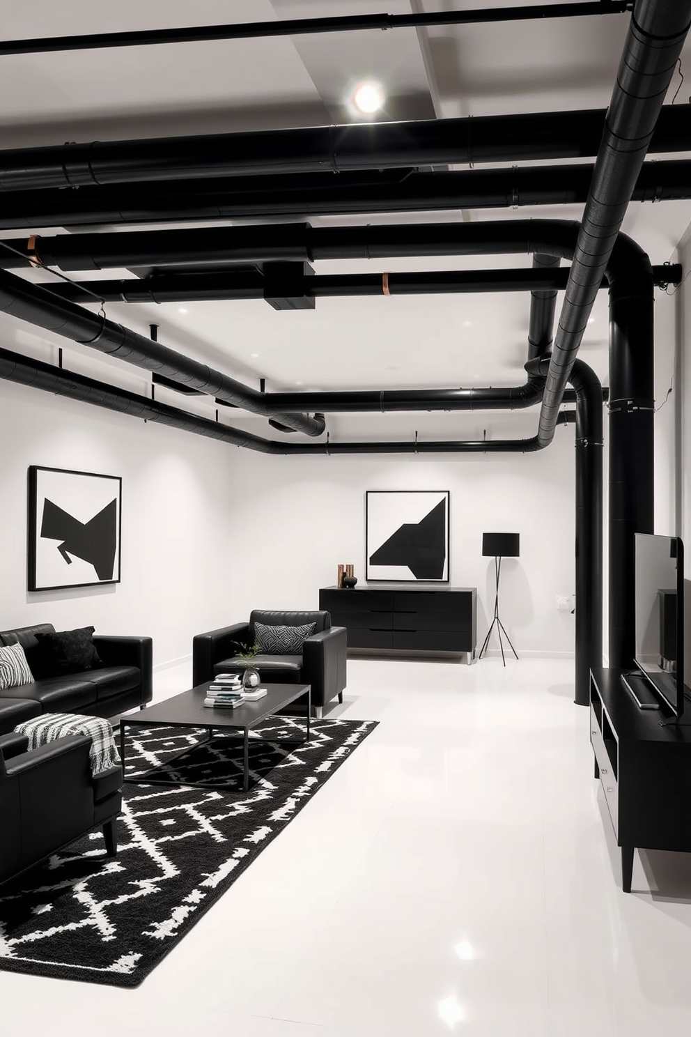 A striking basement design featuring industrial black pipes that contrast sharply with the pristine white walls. The space is enhanced by sleek black furniture and minimalist decor, creating a modern and functional atmosphere. Stylish black and white accents are incorporated throughout the room, including geometric patterns on the rug and artwork that complements the overall aesthetic. Ambient lighting casts a warm glow, highlighting the unique blend of industrial and contemporary design elements.