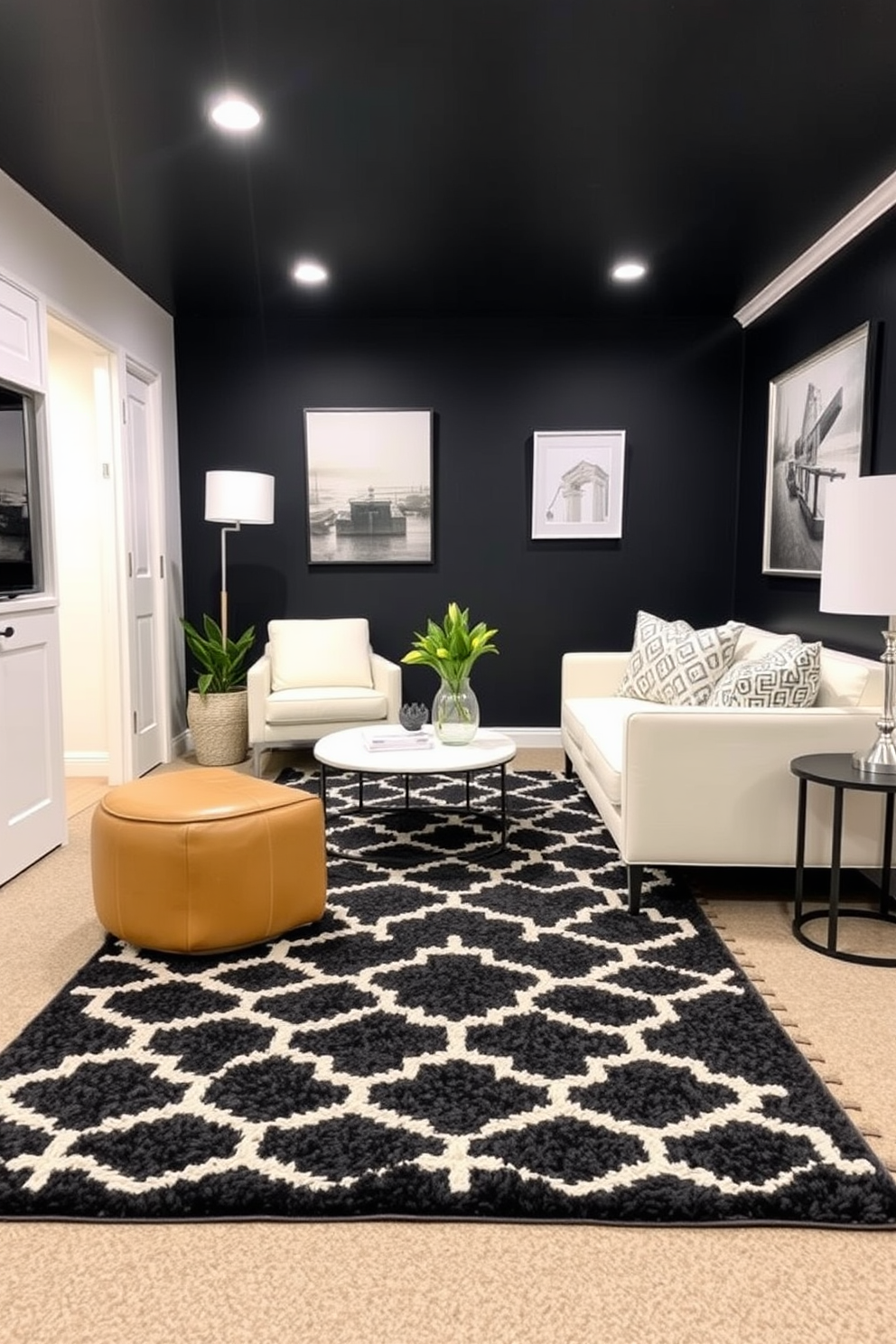 A stylish basement featuring a monochrome geometric patterned area rug that adds texture and visual interest to the space. The walls are painted in a deep black hue, creating a dramatic backdrop for contemporary furniture in varying shades of white and gray.