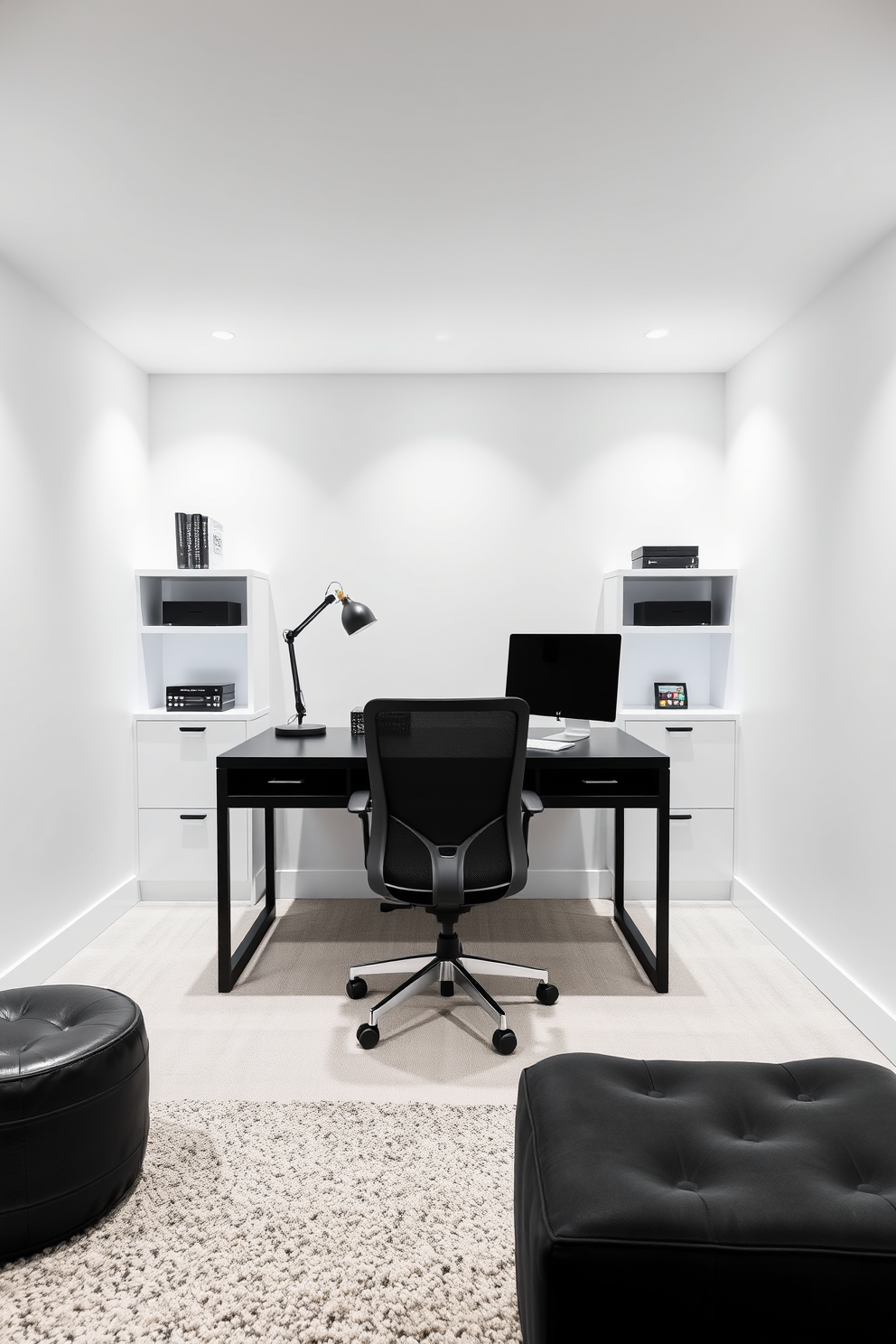 A modern black desk sits in the center of a sleek white workspace. The desk features clean lines and minimalist design with a comfortable ergonomic chair. The basement design embraces a monochromatic theme with bold black accents against crisp white walls. Soft lighting highlights the space, creating a cozy yet contemporary atmosphere.