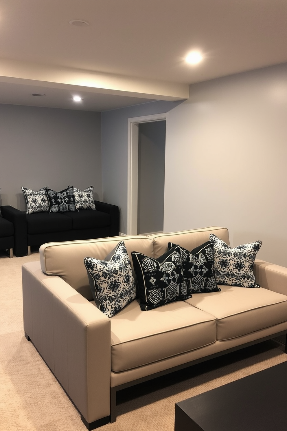 A stylish basement area featuring a cozy seating arrangement adorned with black and white patterned throw pillows. The walls are painted in a soft gray tone, complemented by sleek black furniture and warm lighting that creates an inviting atmosphere.