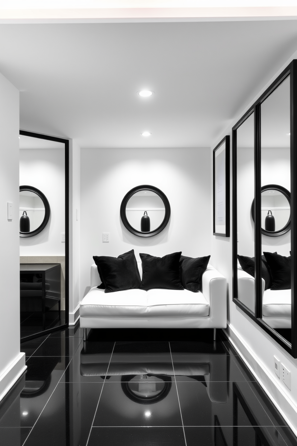 A modern basement design featuring black framed mirrors that enhance the bright white space. The walls are painted in a crisp white, and the flooring is a sleek black tile, creating a striking contrast. The room includes a cozy seating area with a plush white sofa and black accent pillows. Soft ambient lighting highlights the mirrors, adding depth and sophistication to the overall aesthetic.