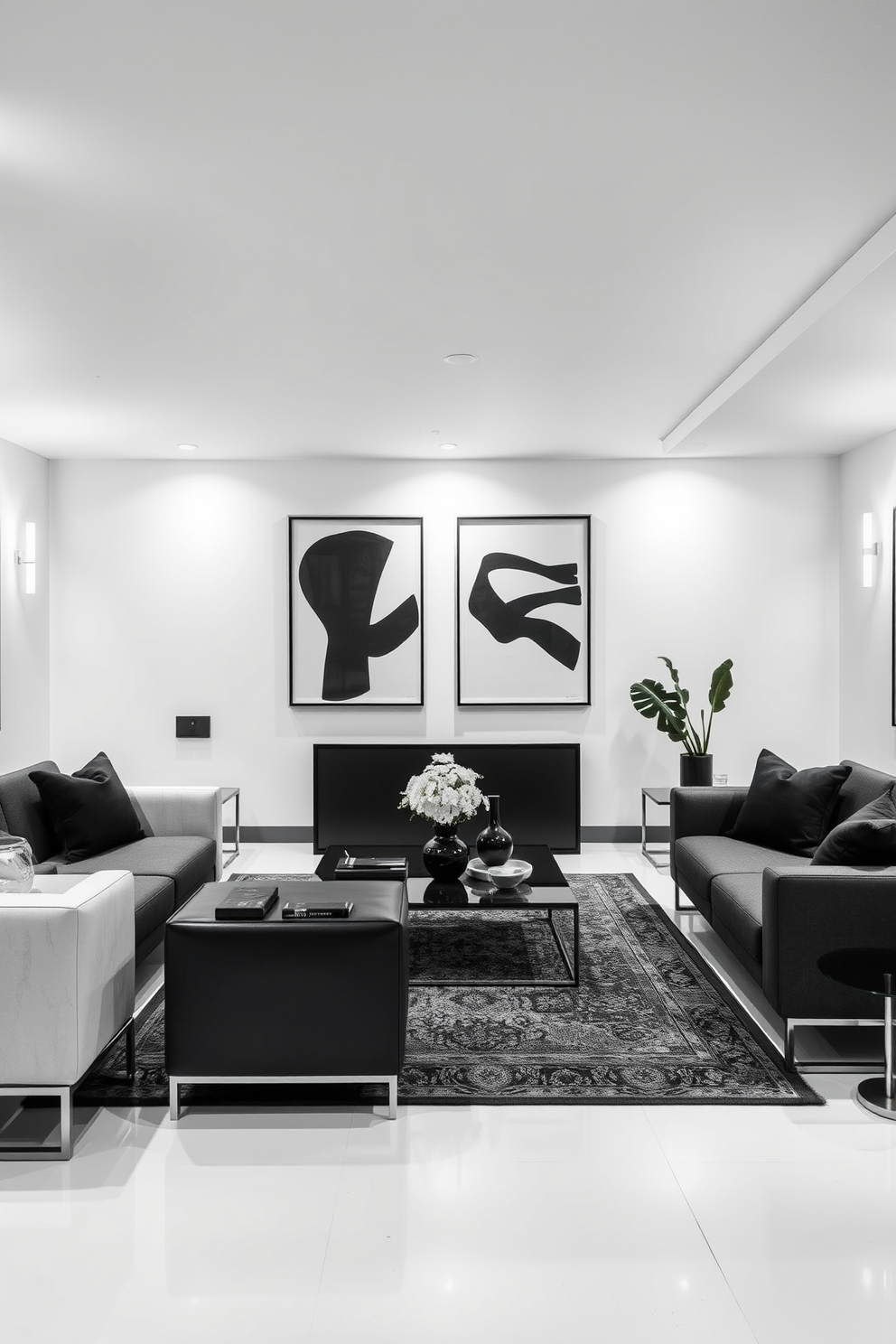 A striking basement design featuring bold black artwork displayed against a pristine white backdrop. The space is enhanced by sleek furniture with minimalist lines, creating a harmonious contrast that draws the eye to the artwork. The overall aesthetic is modern and sophisticated, with carefully chosen decor that complements the black and white theme. Soft lighting fixtures illuminate the area, adding warmth and depth to the striking monochromatic palette.