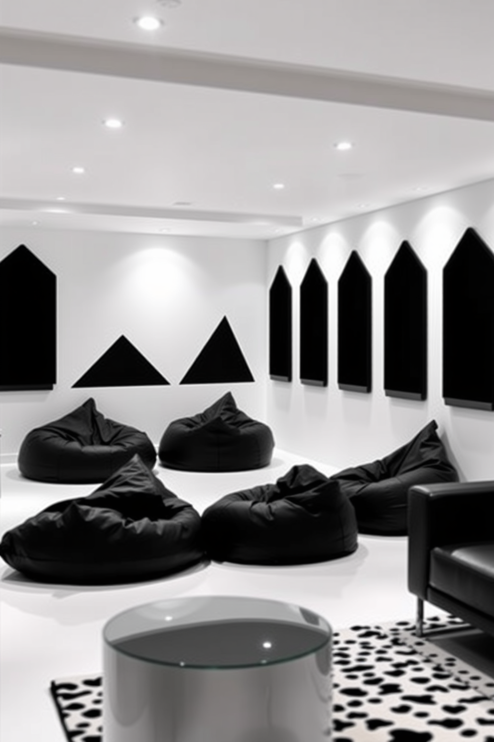 Cozy black bean bags are arranged in a bright white corner, creating an inviting space for relaxation. Soft lighting illuminates the area, enhancing the warmth and comfort of the bean bags. The basement features a striking black and white design, with bold geometric patterns on the walls. Sleek furniture complements the monochrome aesthetic, creating a modern and stylish atmosphere.