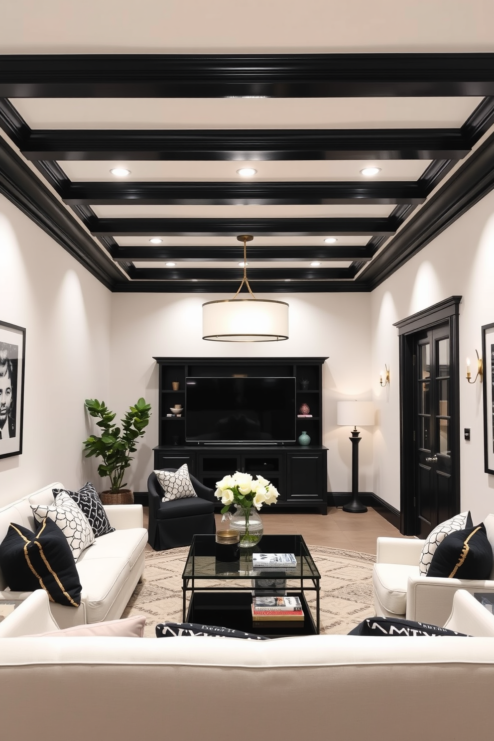 A chic basement retreat featuring white walls accented by elegant black crown molding. The space is designed with a modern aesthetic, incorporating black and white furniture pieces that create a striking contrast.