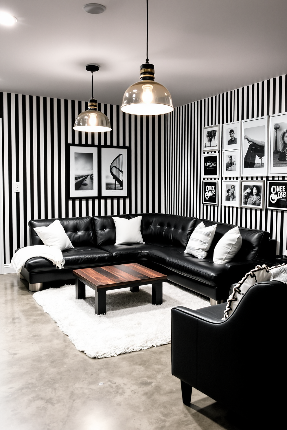 A stylish basement retreat featuring black and white striped wallpaper that adds a bold contrast to the space. The flooring is a sleek polished concrete, complemented by a plush white area rug that softens the look. In one corner, there is a modern sectional sofa in black leather adorned with white accent pillows. A minimalist coffee table sits in front, crafted from reclaimed wood with a matte black finish. The lighting is provided by industrial-style pendant lamps hanging from the ceiling, casting a warm glow throughout the room. A gallery wall showcases black and white photography, enhancing the sophisticated atmosphere of the basement.