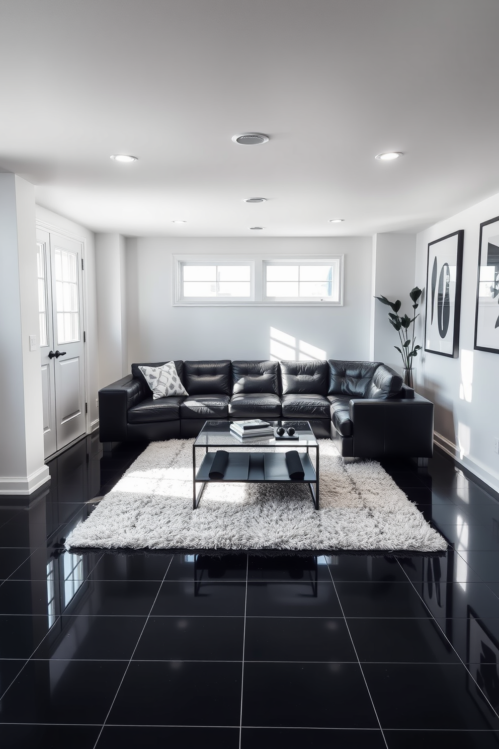 A chic black leather sectional sofa is positioned in the center of a stylish basement. The walls are painted in a crisp white, contrasting beautifully with the dark furniture and creating an inviting atmosphere. The basement features a sleek coffee table in front of the sofa, complemented by a plush area rug that adds warmth. Large windows allow natural light to filter in, enhancing the monochromatic theme with soft shadows. For the black and white basement design, the flooring is a polished black tile that reflects the light beautifully. Accent pieces such as black and white artwork adorn the walls, tying the entire space together with a modern flair.