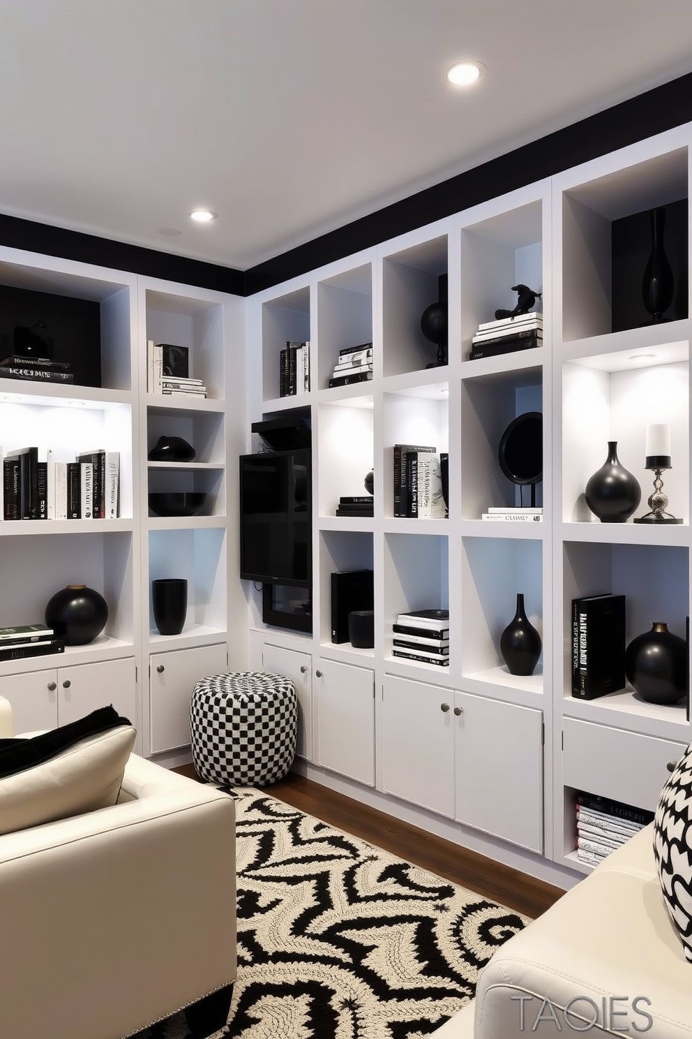 A stylish basement featuring white built-in shelves adorned with black decor items. The shelves are neatly organized, displaying an array of books and decorative objects that create a striking contrast against the dark walls. The overall design embraces a modern black and white aesthetic, with sleek furniture and minimalist accessories. Soft lighting enhances the ambiance, highlighting the unique textures and patterns throughout the space.