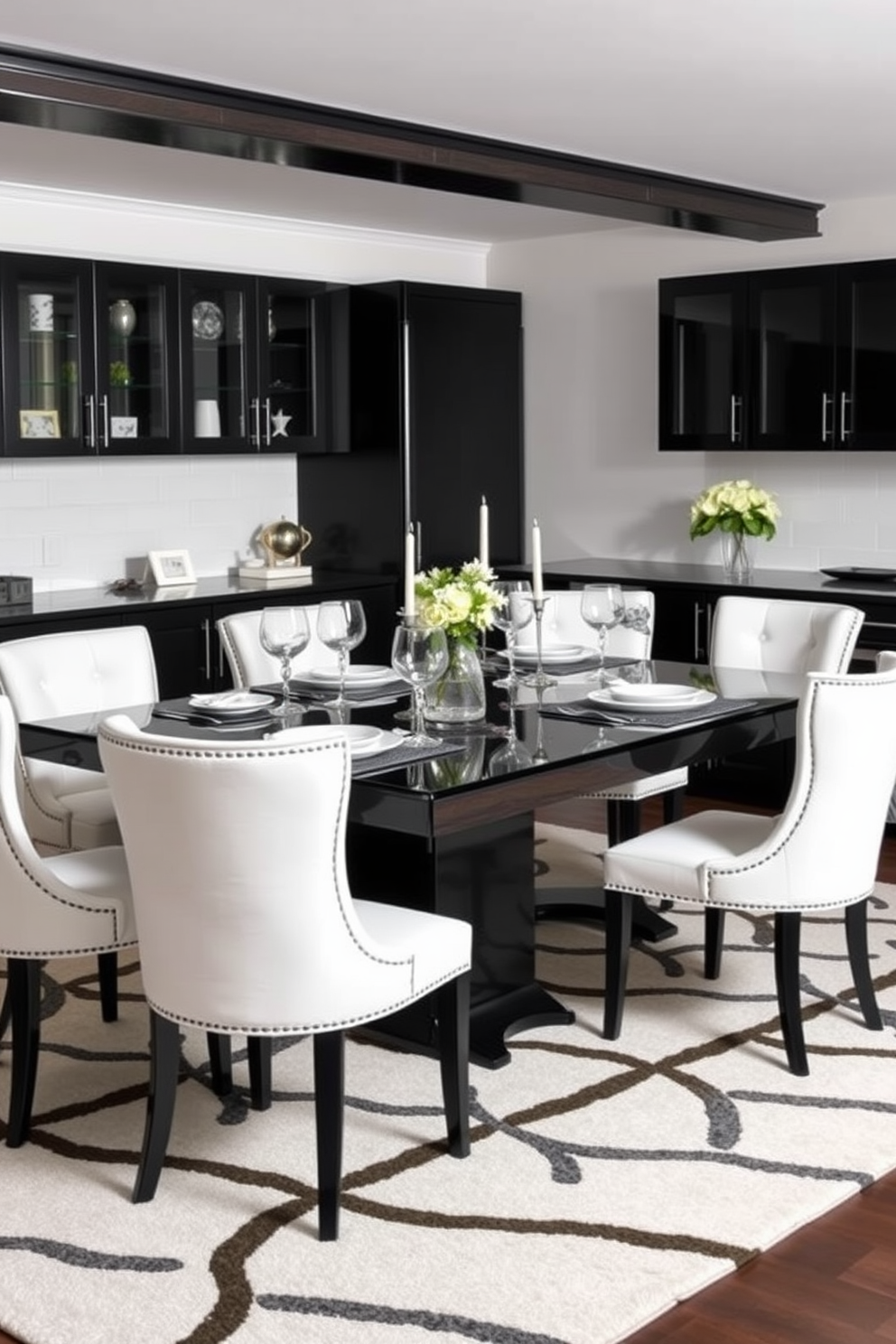 Elegant black dining table with white chairs. The table is set with fine china and crystal glassware, surrounded by plush white upholstered chairs that offer comfort and style. Black and white basement design ideas. The space features sleek black cabinetry and white walls, complemented by bold geometric patterns in the area rug, creating a modern and inviting atmosphere.