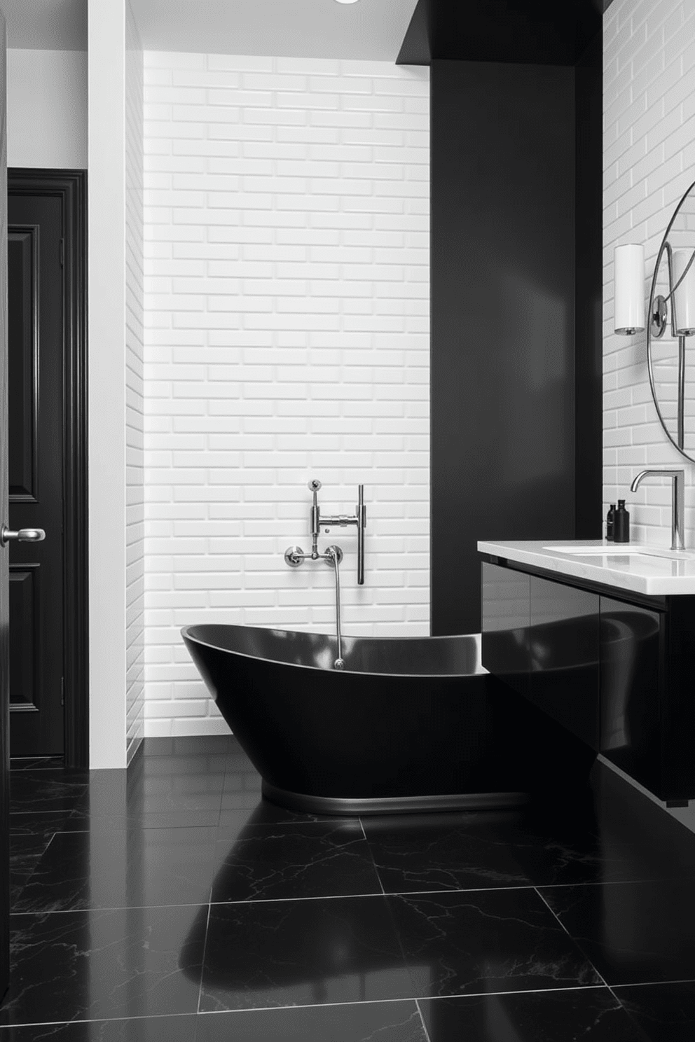 A sleek modern bathroom featuring polished chrome fixtures and a striking black and white color scheme. The walls are adorned with classic white subway tiles, creating a timeless backdrop for the bold black accents throughout the space. A freestanding black bathtub takes center stage, complemented by a minimalist chrome faucet. The floor is covered in large black tiles, while a white floating vanity with a marble countertop adds elegance to the design.