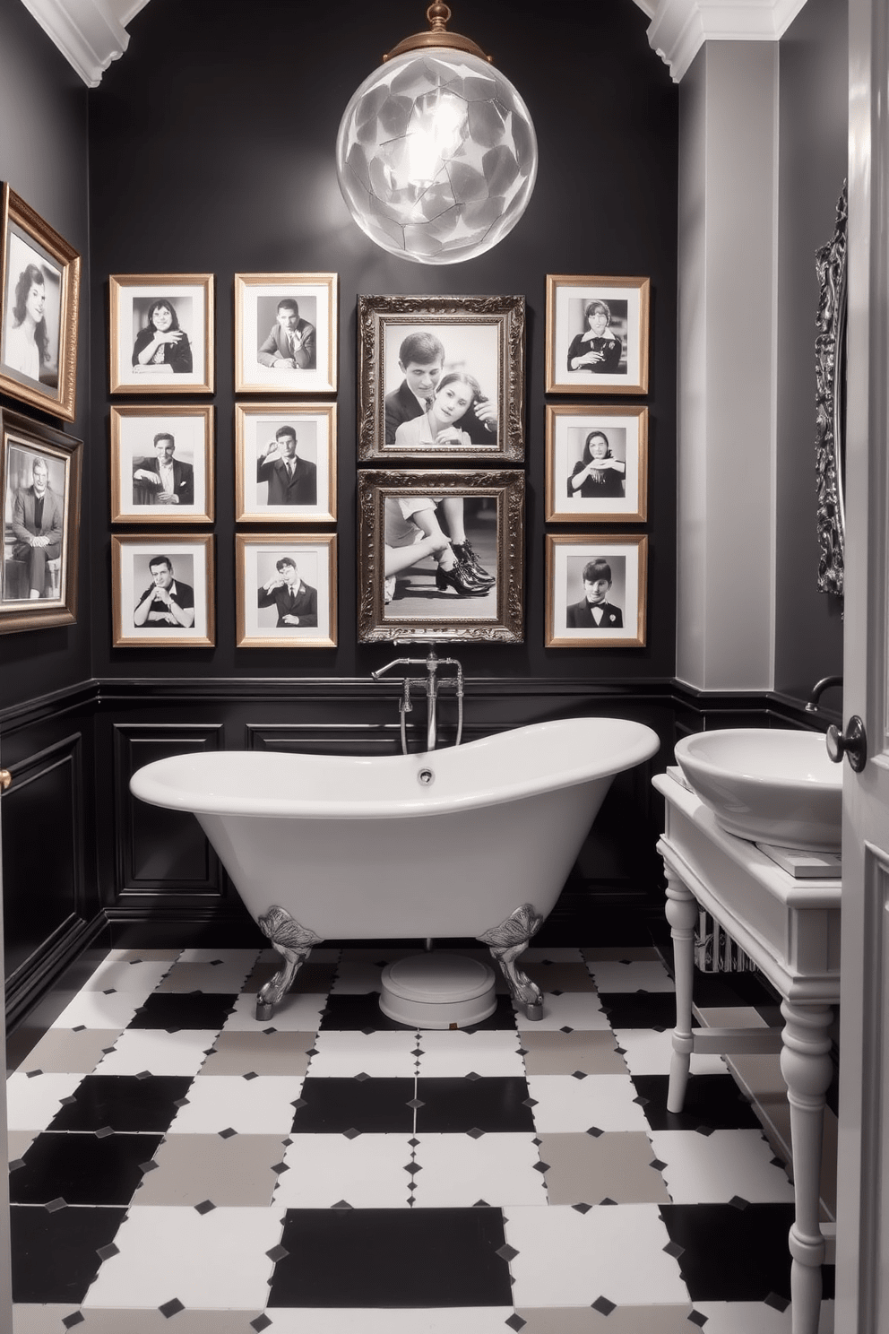 A stylish black and white bathroom featuring vintage photographs displayed in elegant frames on the walls. The space includes a freestanding clawfoot bathtub, a pedestal sink, and a classic black and white checkerboard floor.