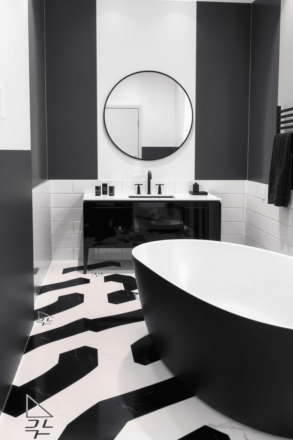 A striking black and white bathroom features a matte black freestanding tub contrasting with glossy white tiles that line the walls. The floor is adorned with large black and white geometric tiles, creating a bold visual impact. A sleek black vanity with a glossy finish showcases a white countertop and modern fixtures. Above the vanity, a large round mirror with a thin black frame reflects the elegant design elements of the space.