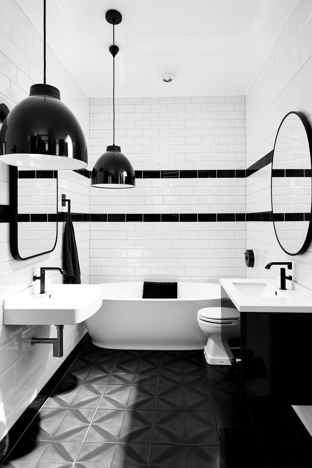 A chic black and white bathroom featuring sleek black pendant lights that add a modern flair. The walls are adorned with glossy white tiles, while the floor showcases a striking black geometric pattern.