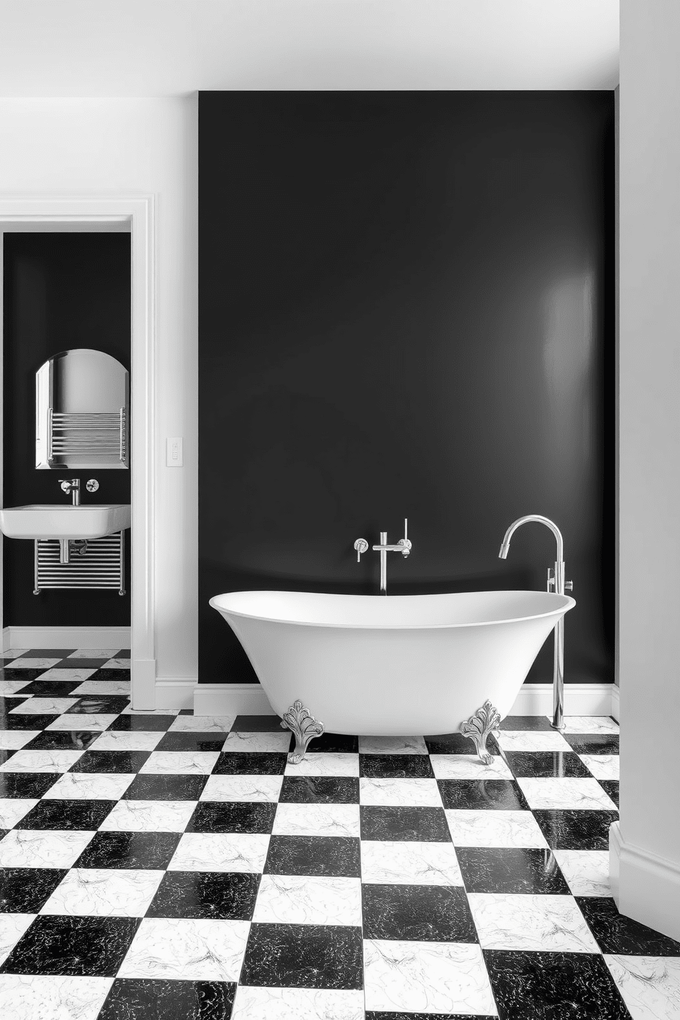 A stunning black and white bathroom featuring a white freestanding tub positioned against a sleek black wall. The floor is adorned with contrasting black and white tiles, creating a bold visual impact.