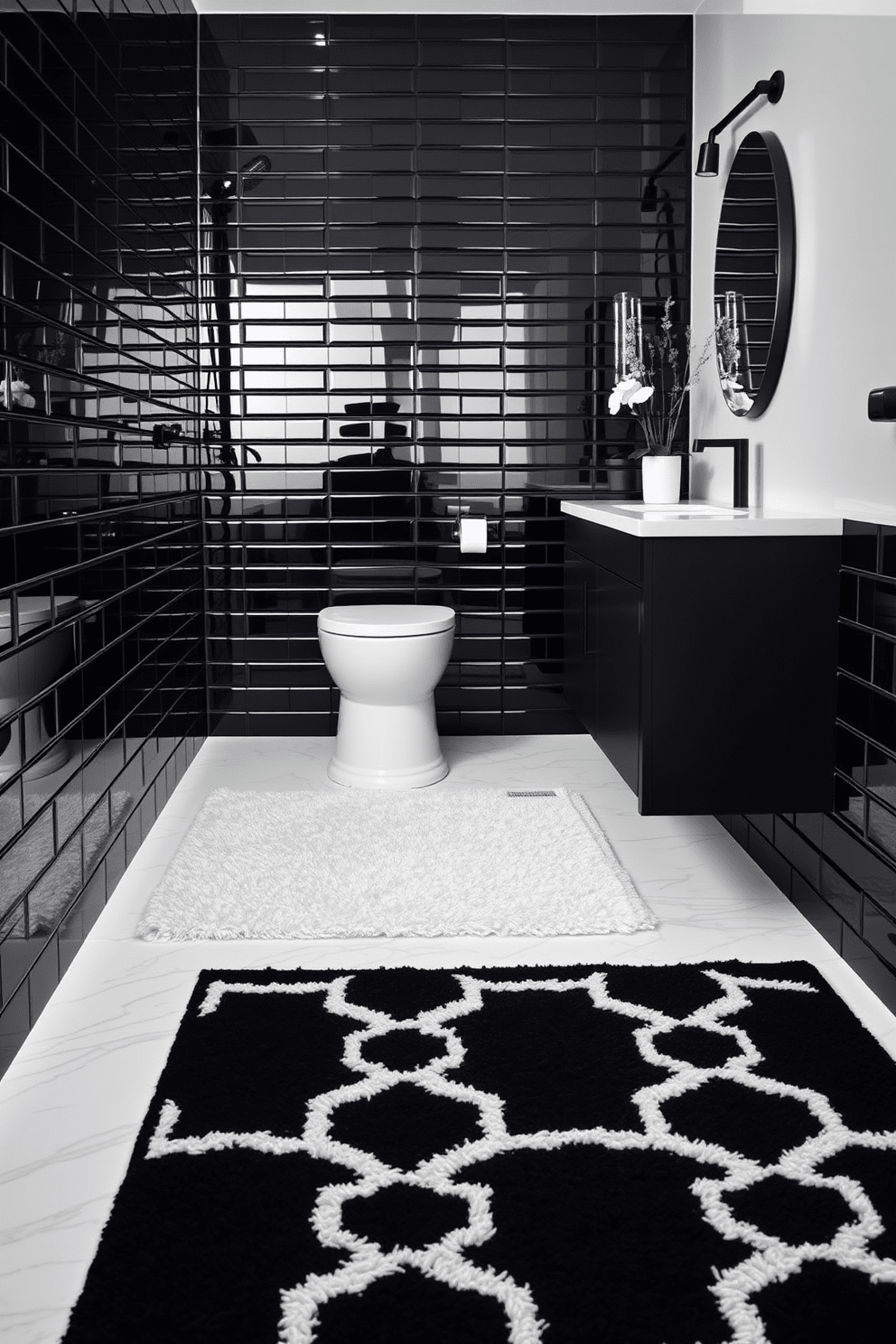 Layered rugs create a cozy and inviting atmosphere in a black and white bathroom. The first rug is a plush white shag placed beneath a sleek black geometric design rug, adding depth and comfort underfoot. The walls are adorned with glossy black tiles that reflect light, while the flooring features a contrasting white marble. A minimalist black vanity with a white countertop sits against the wall, complemented by modern black fixtures and decor.