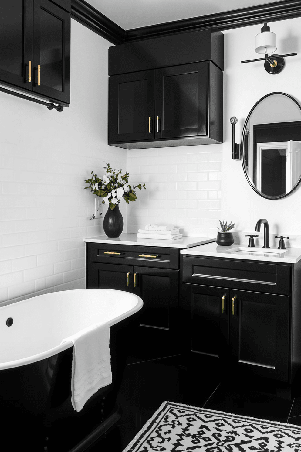 Elegant black cabinetry with gold hardware creates a striking contrast against the white walls. The sleek lines of the cabinetry are complemented by a modern freestanding bathtub and a chic, geometric patterned rug. Incorporating black and white bathroom design ideas adds a timeless sophistication to the space. The use of bold black accents, such as a patterned tile backsplash and stylish light fixtures, enhances the overall aesthetic.